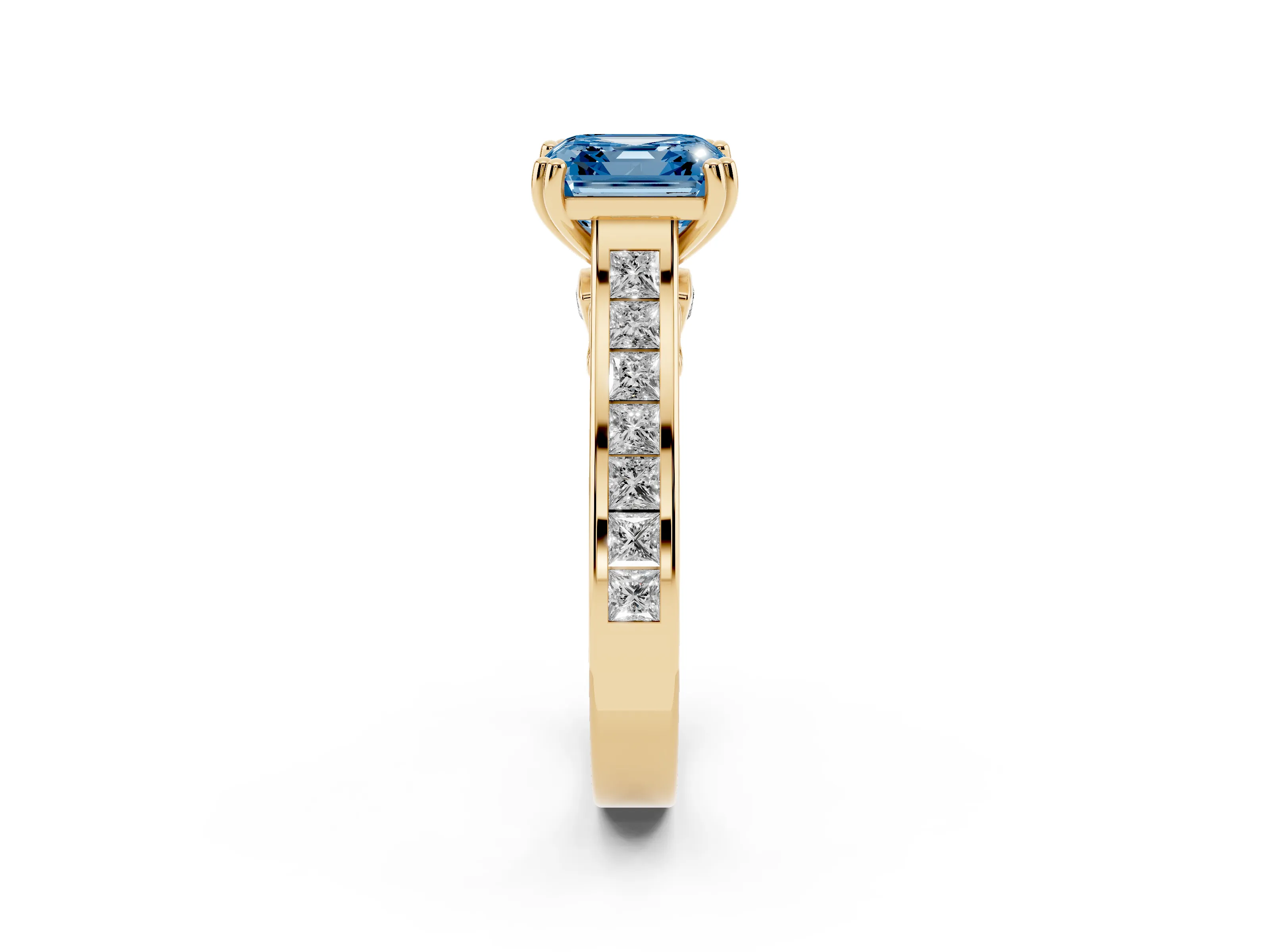 Fancy Blue Asscher Cut Diamond Channel Set Solitaire Engagement Ring Set in Yellow gold with Prong Setting