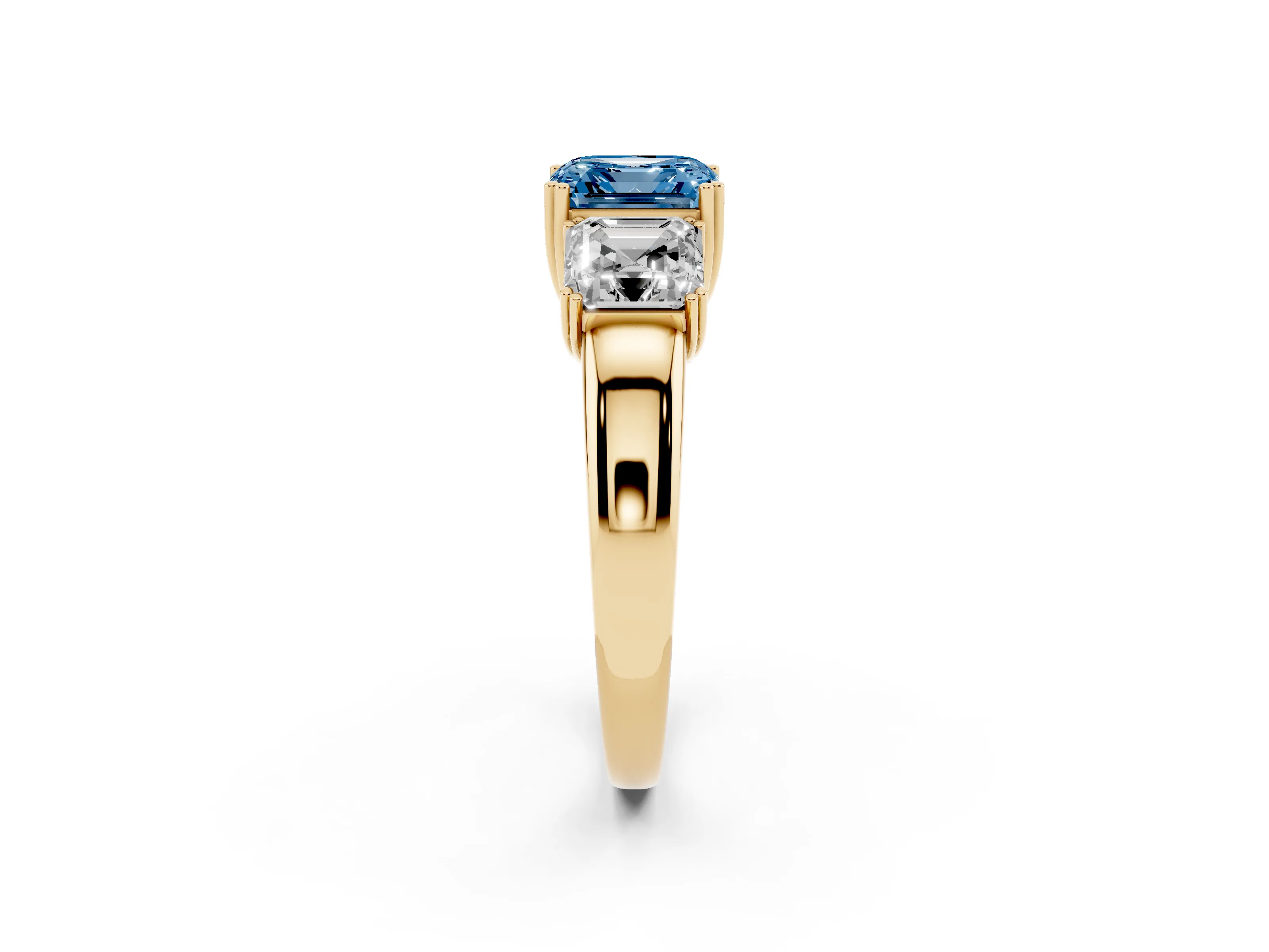 Fancy Blue Asscher Cut Diamond Three-Stone Ring Set in Yellow gold with Polished Band and Prong Setting