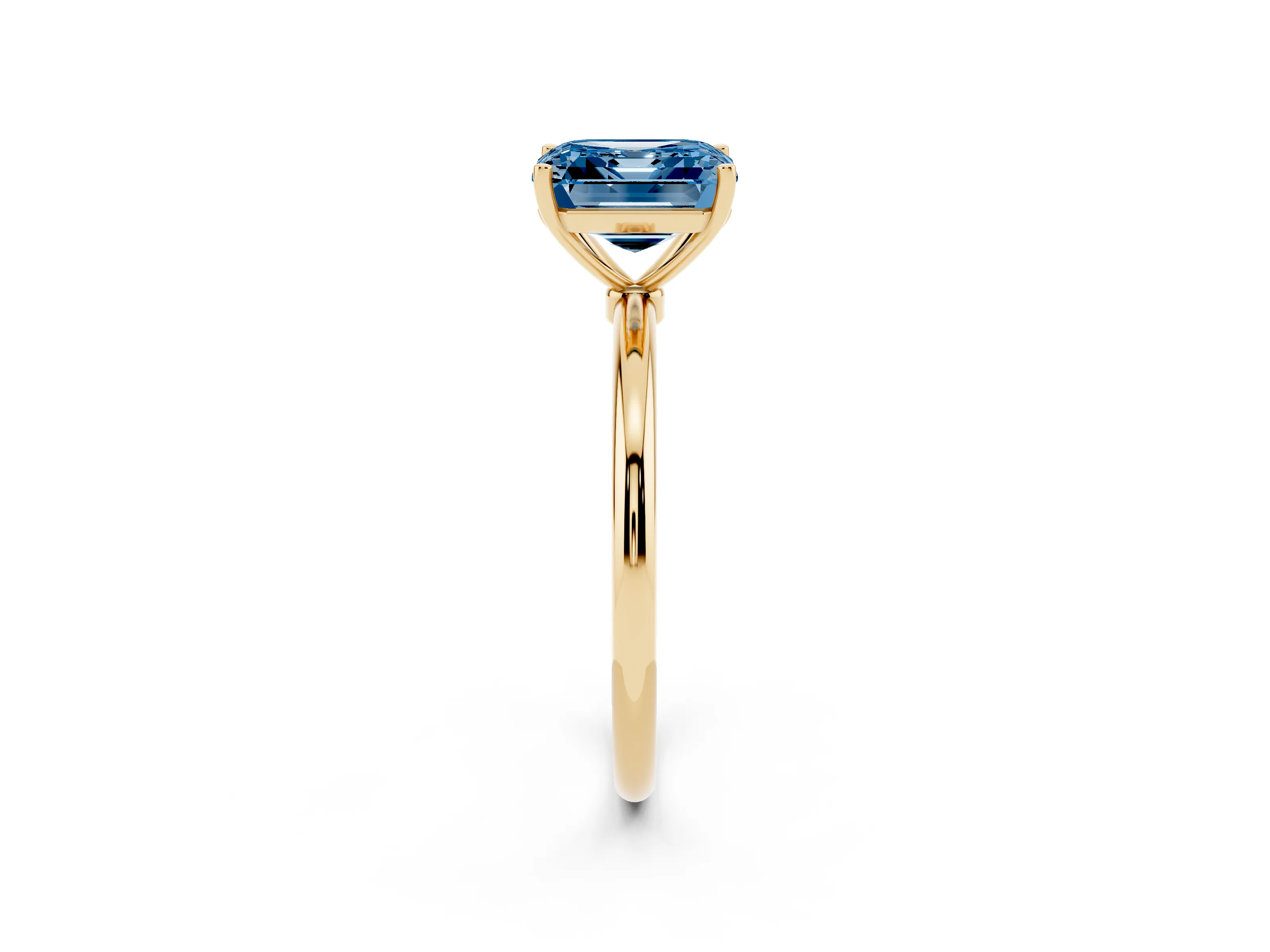 Fancy Blue Asscher Cut Diamond Solitaire Engagement Ring Set in Yellow gold with Thin Band and Prong Setting