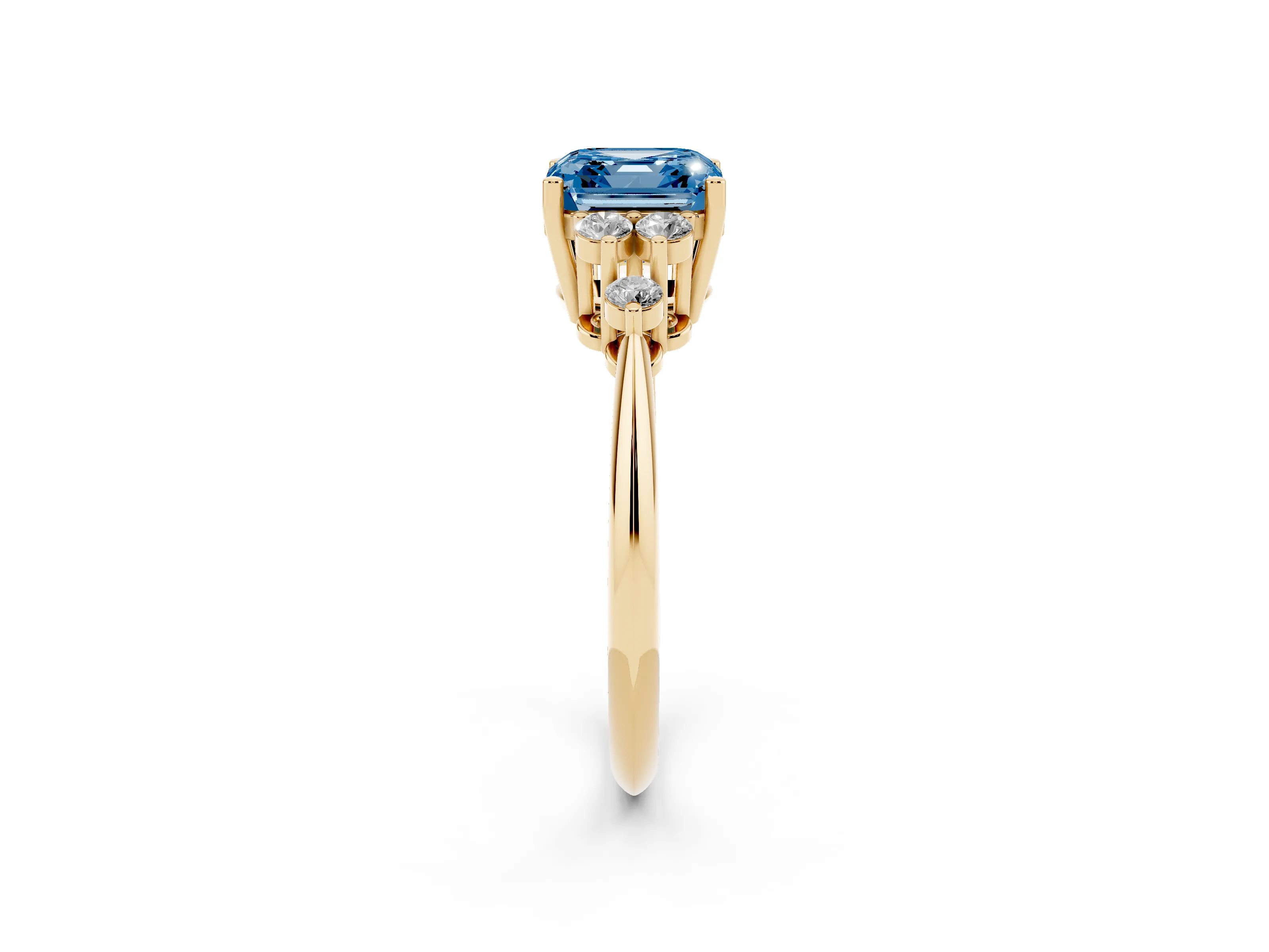 Fancy Blue Asscher Cut Diamond Cluster Ring Set in Yellow gold with Plain Band and Prong Setting