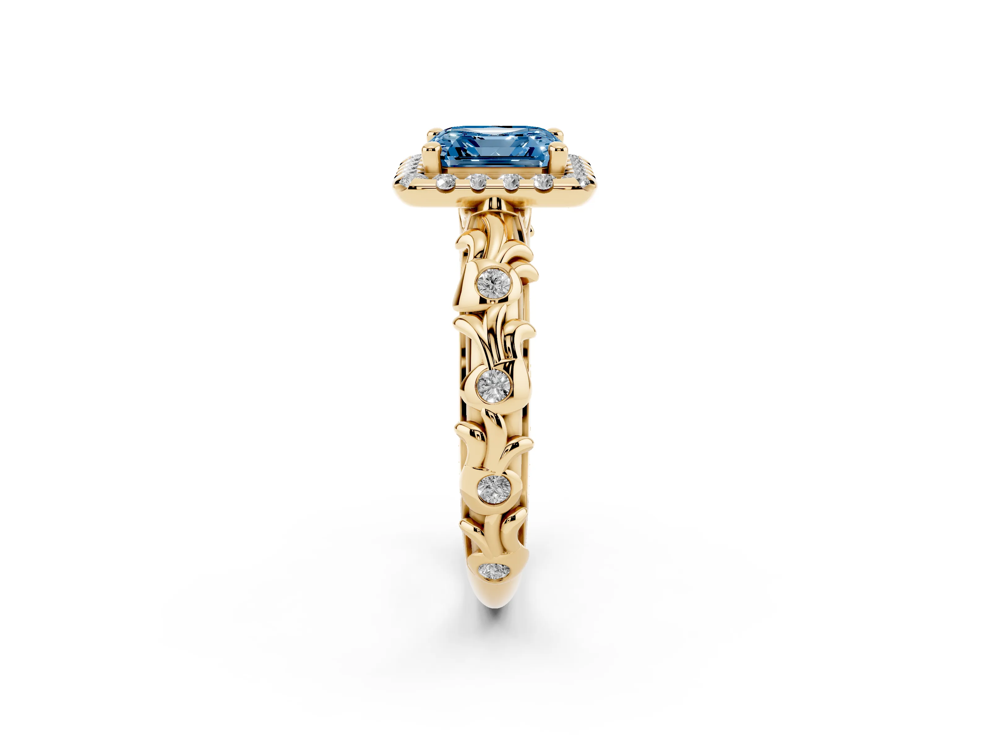 Fancy Blue Asscher Cut Diamond Halo Ring Set in Yellow gold with Filigree Leaf Band and Prong Setting
