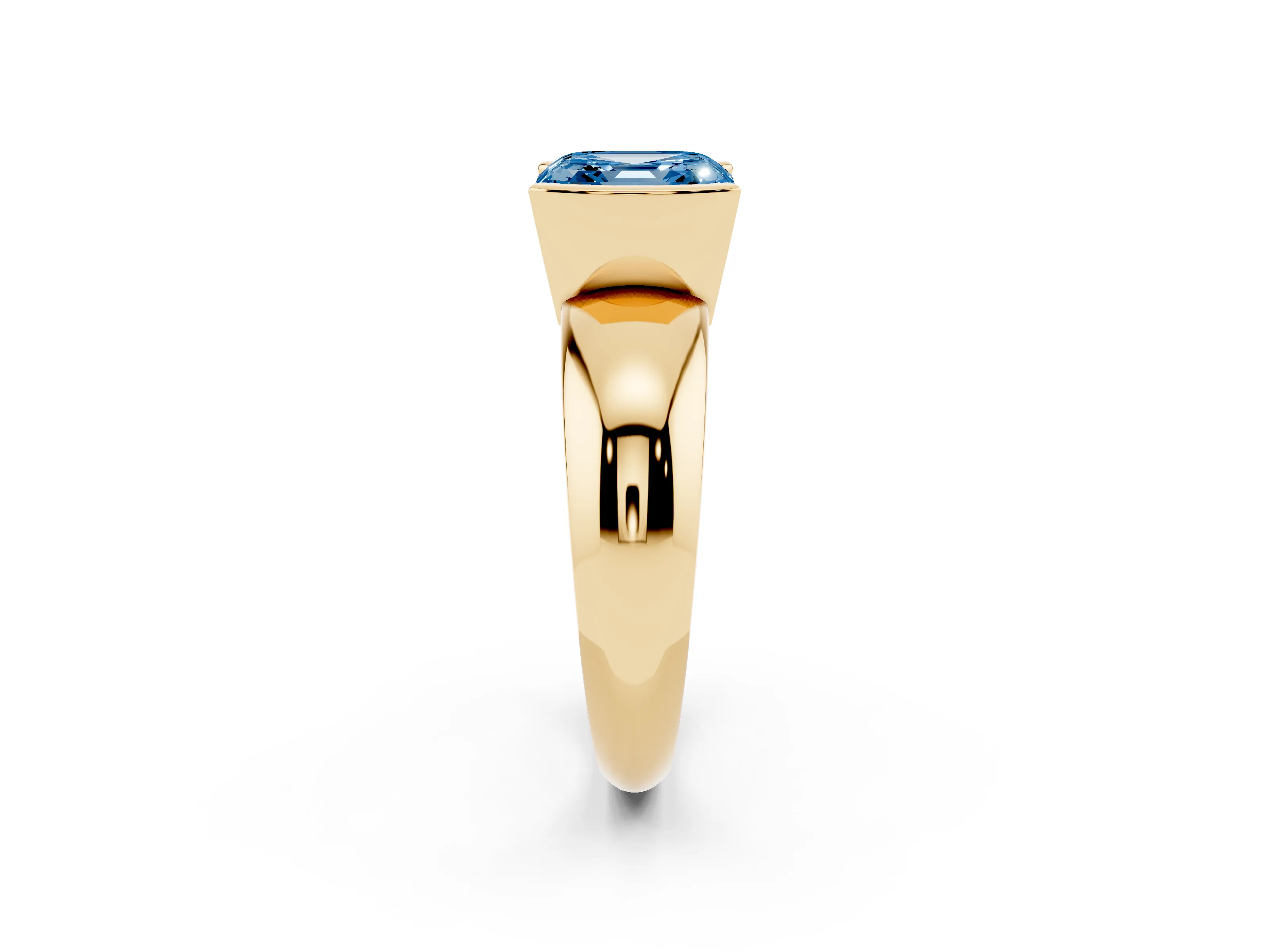Fancy Blue Asscher Cut Diamond Solitaire Tension Set Ring Set in Yellow gold with Wide Band