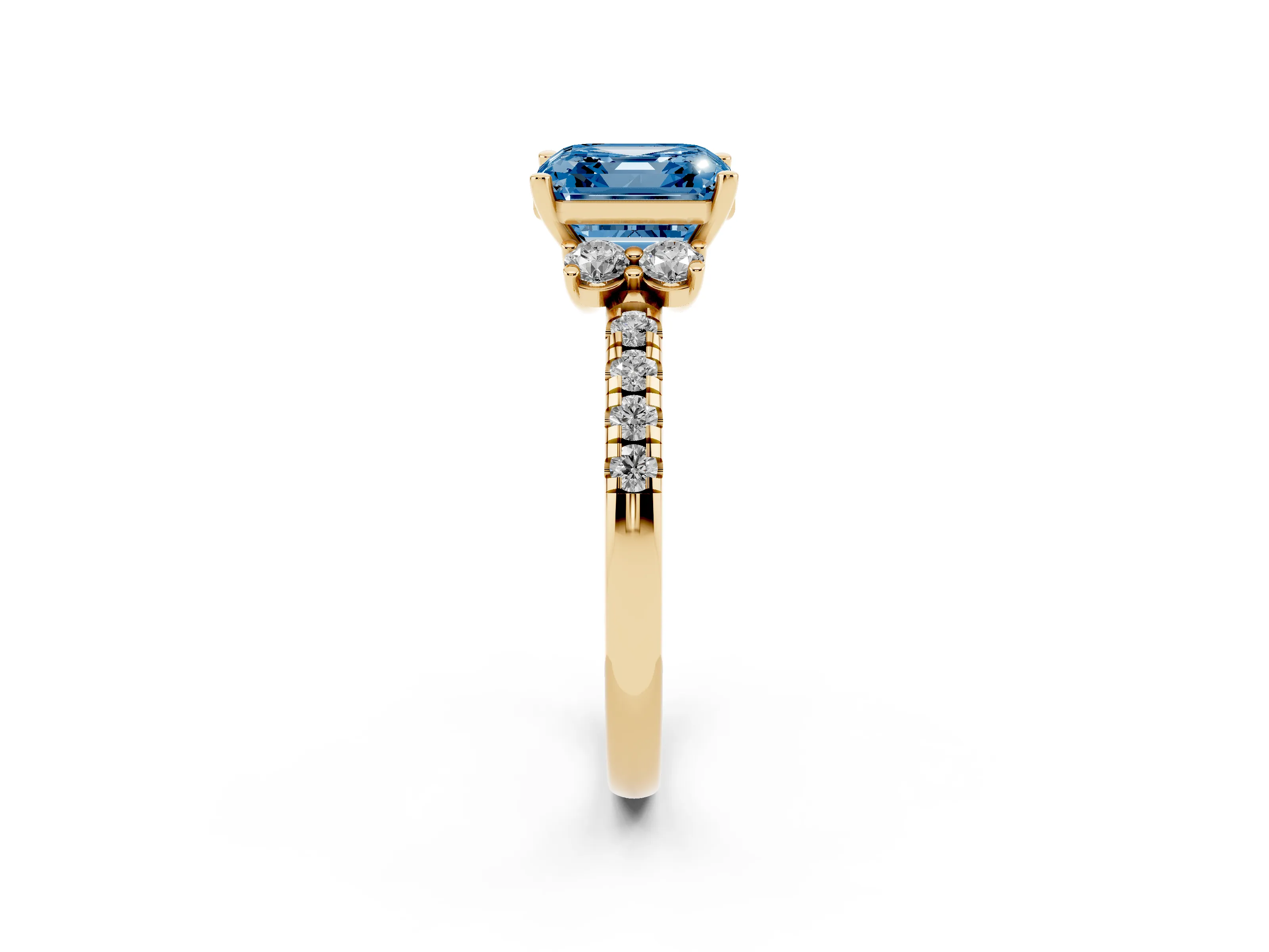 Fancy Blue Asscher Cut Diamond Three-Stone Pavé Ring Set in Yellow gold with Prong Setting