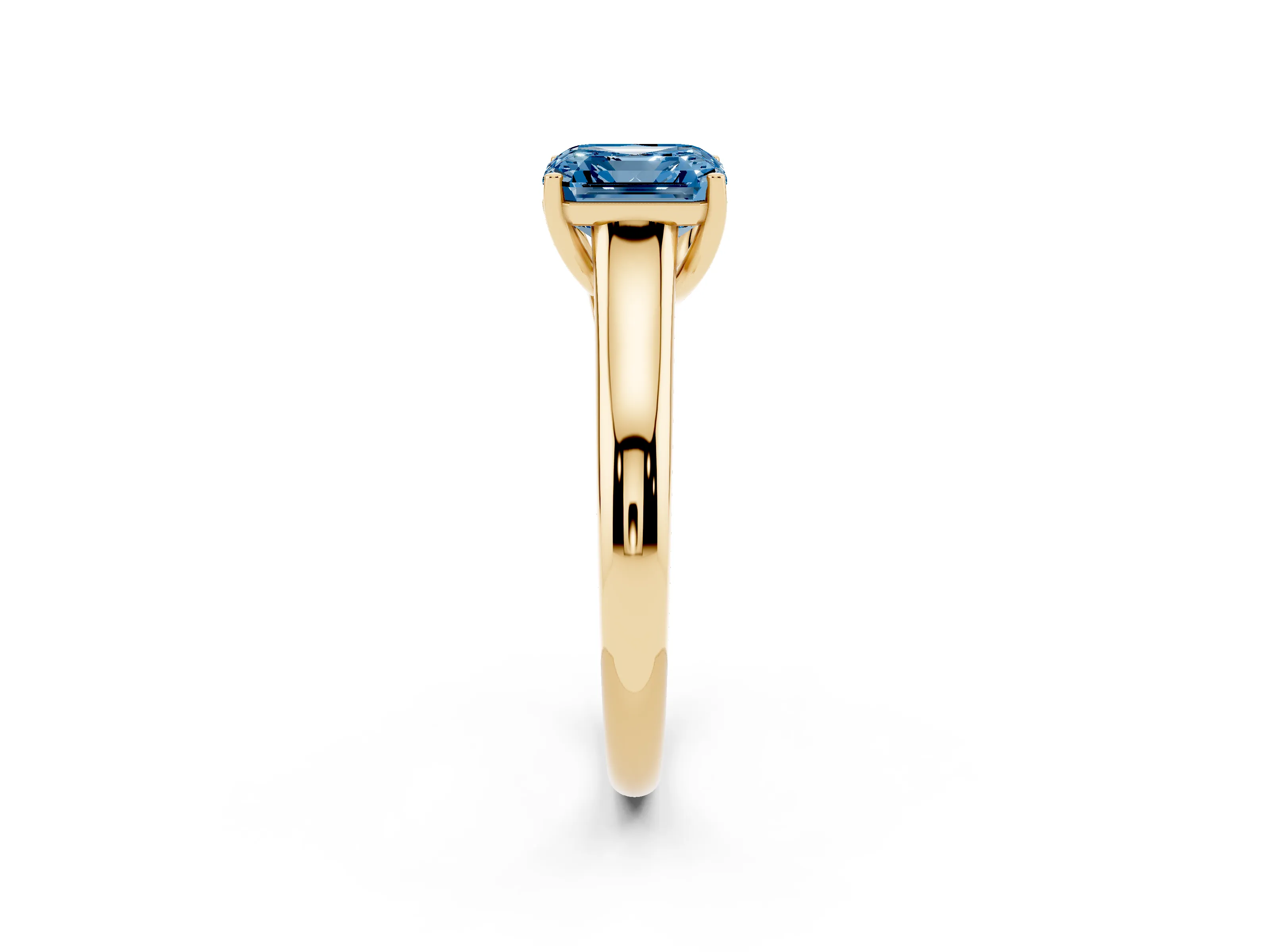 Fancy Blue Asscher Cut Diamond Solitaire Engagement Ring Set in Yellow gold with Subtly Tapered Band and Prong Setting