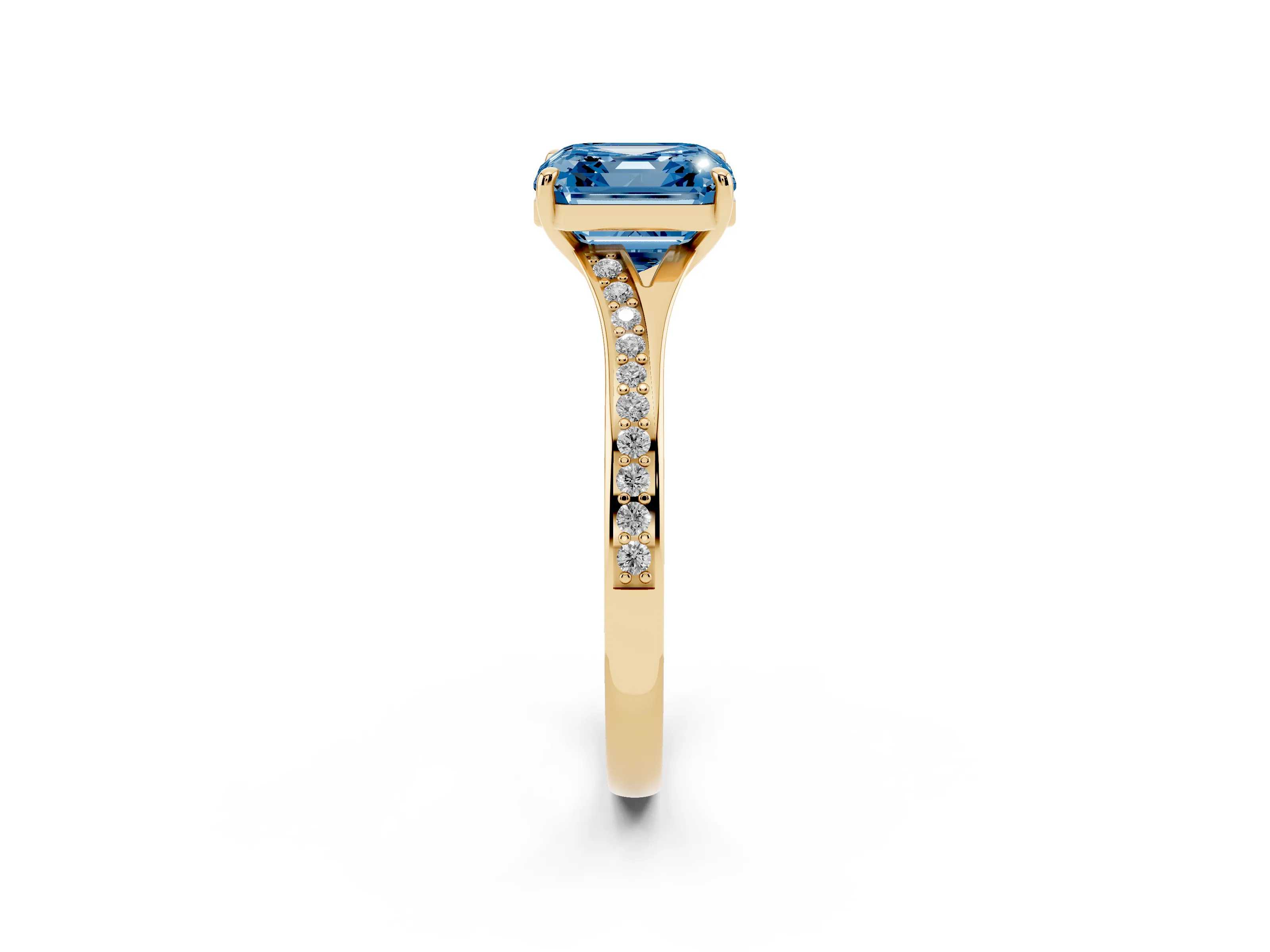 Fancy Blue Asscher Cut Diamond Solitaire Ring Set in Yellow gold with Pavé Accent Band and Classic Prong Setting