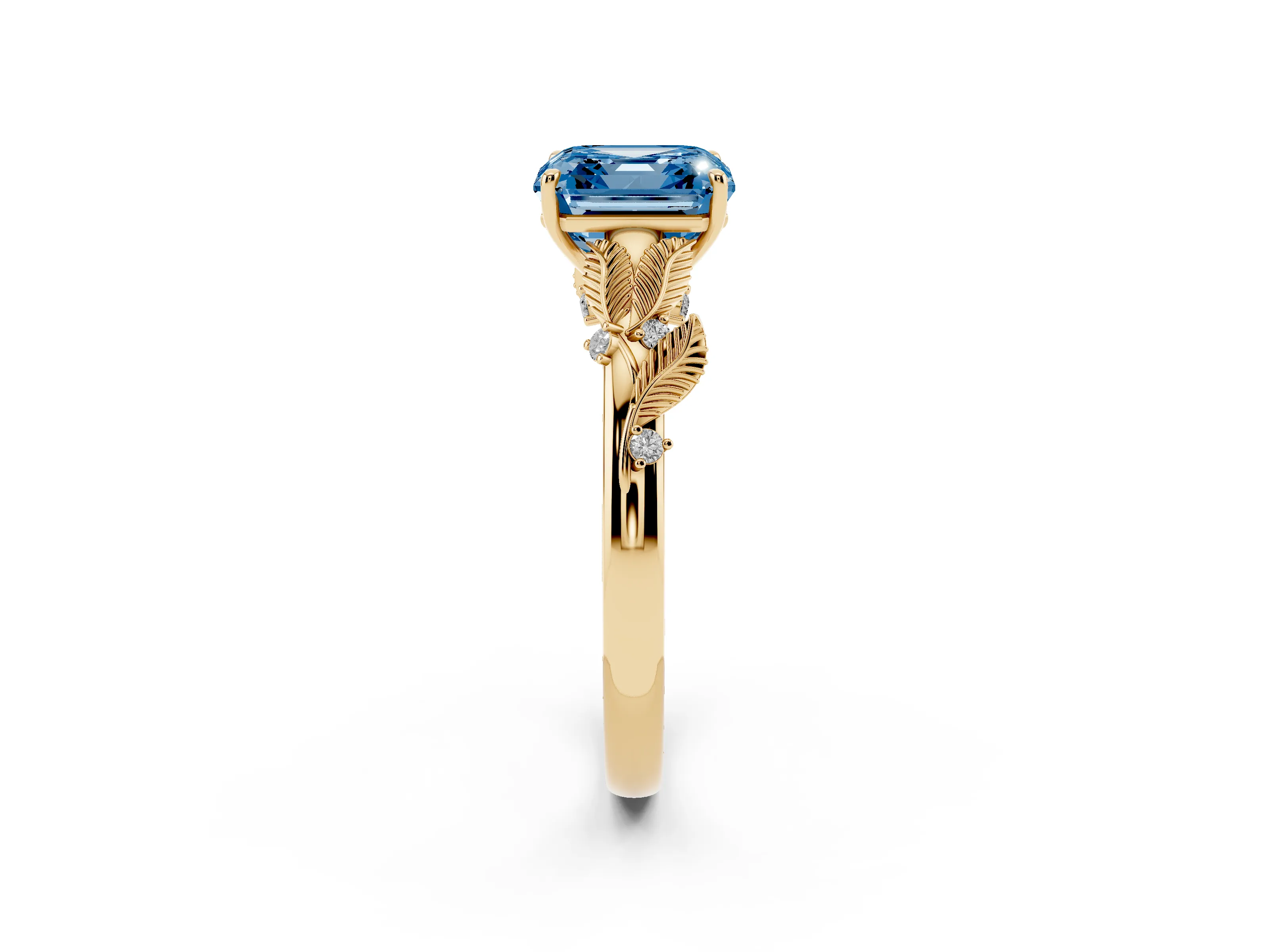 Fancy Blue Asscher Cut Diamond Solitaire Ring Set in Yellow gold with Leaf Motif Band