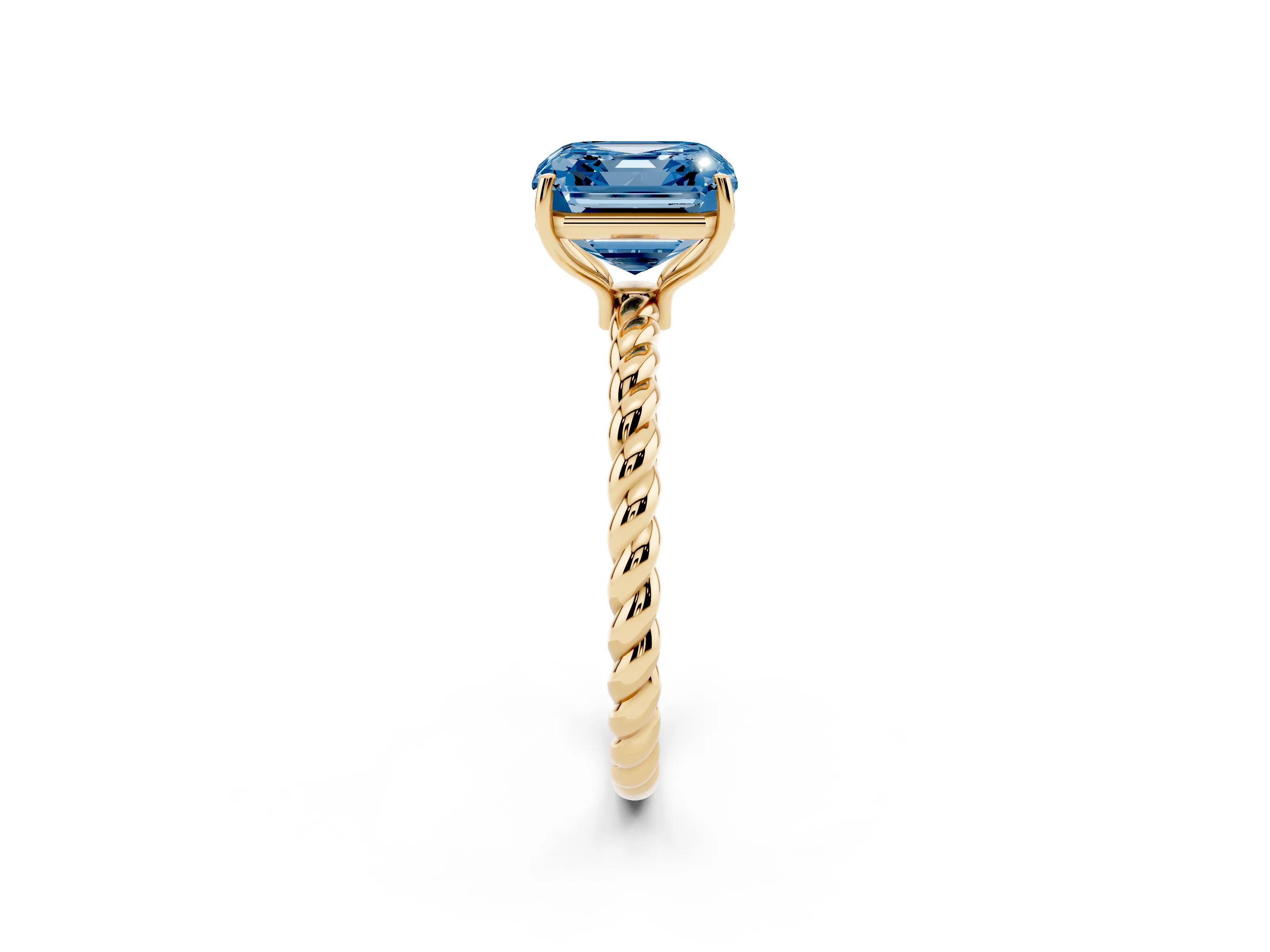 Fancy Blue Asscher Cut Diamond Solitaire Ring Set in Yellow gold with Twist Band and Prong Setting