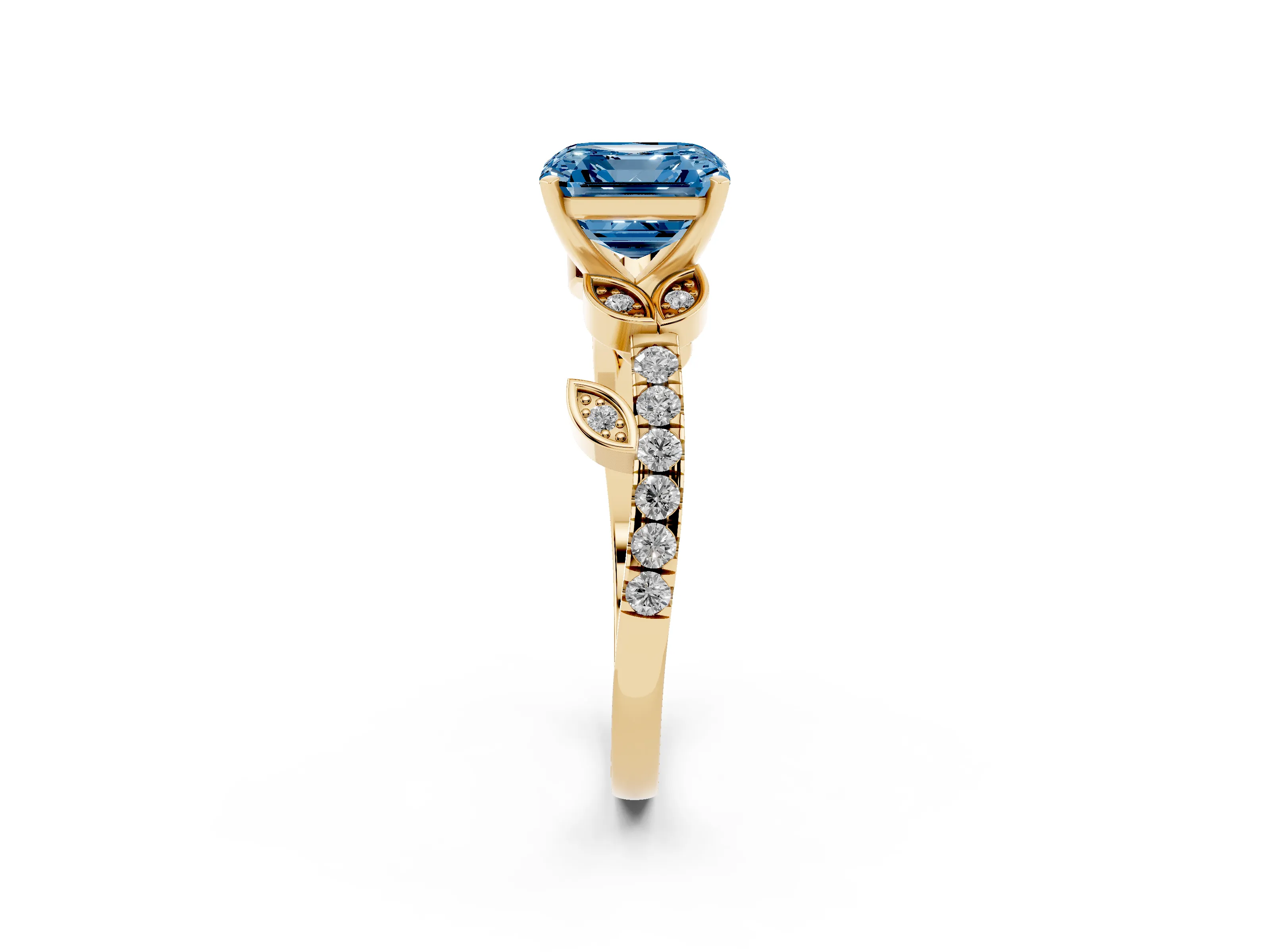 Fancy Blue Asscher Cut Diamond Solitaire Leaf-Inspired Ring Set in Yellow gold with Pavé Band and Prong Setting