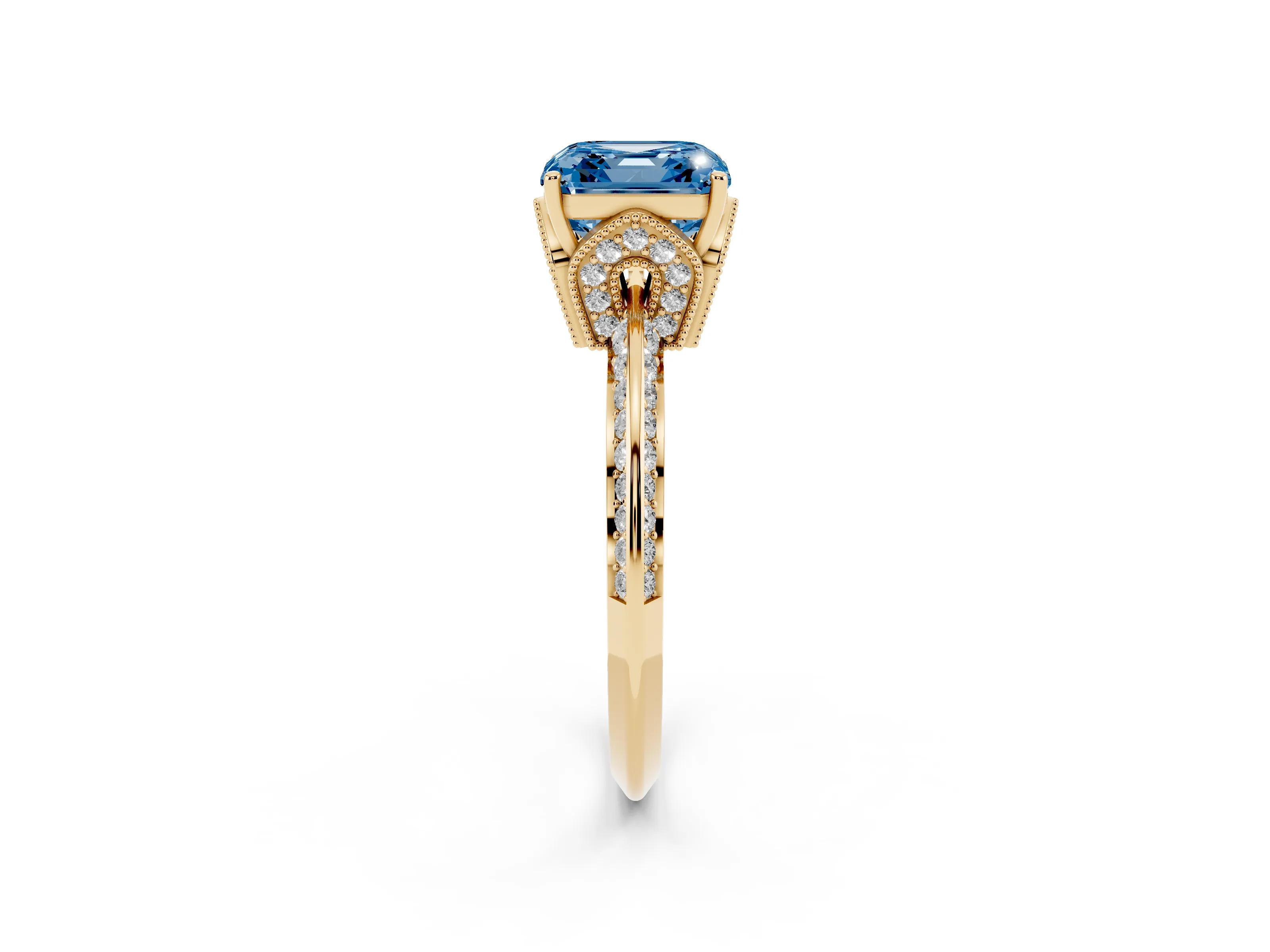 Fancy Blue Asscher Cut Diamond Solitaire Engagement Ring Set in Yellow gold with Pavé Split Shank and Prong Setting