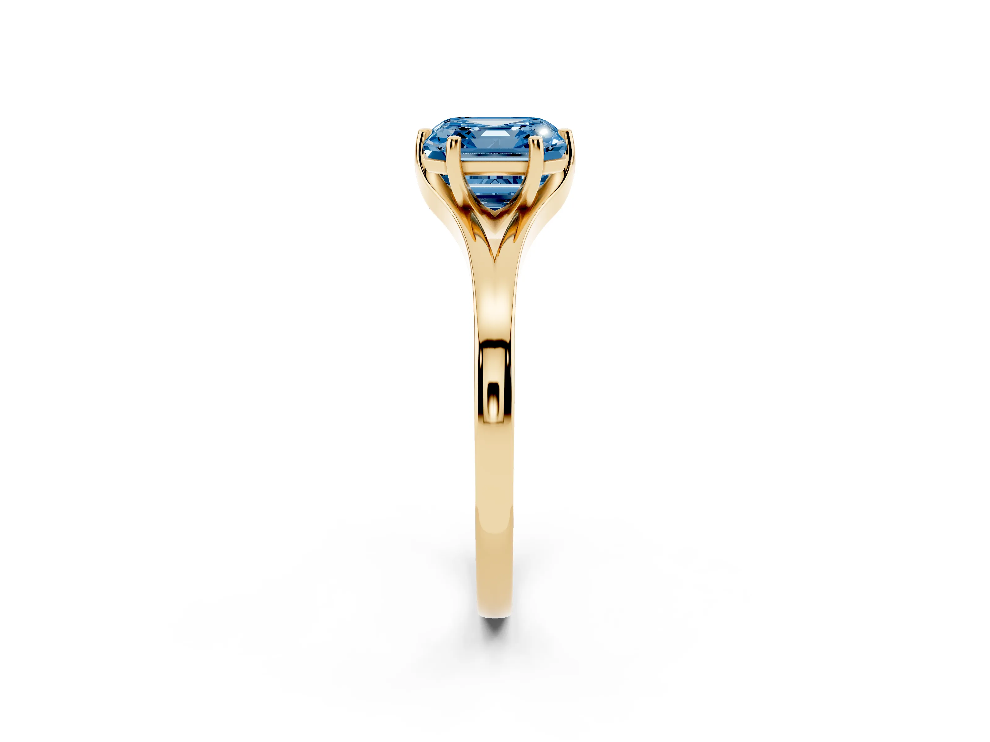 Fancy Blue Asscher Cut Diamond Solitaire Ring Set in Yellow gold with Polished Tapered Band and Prong Setting