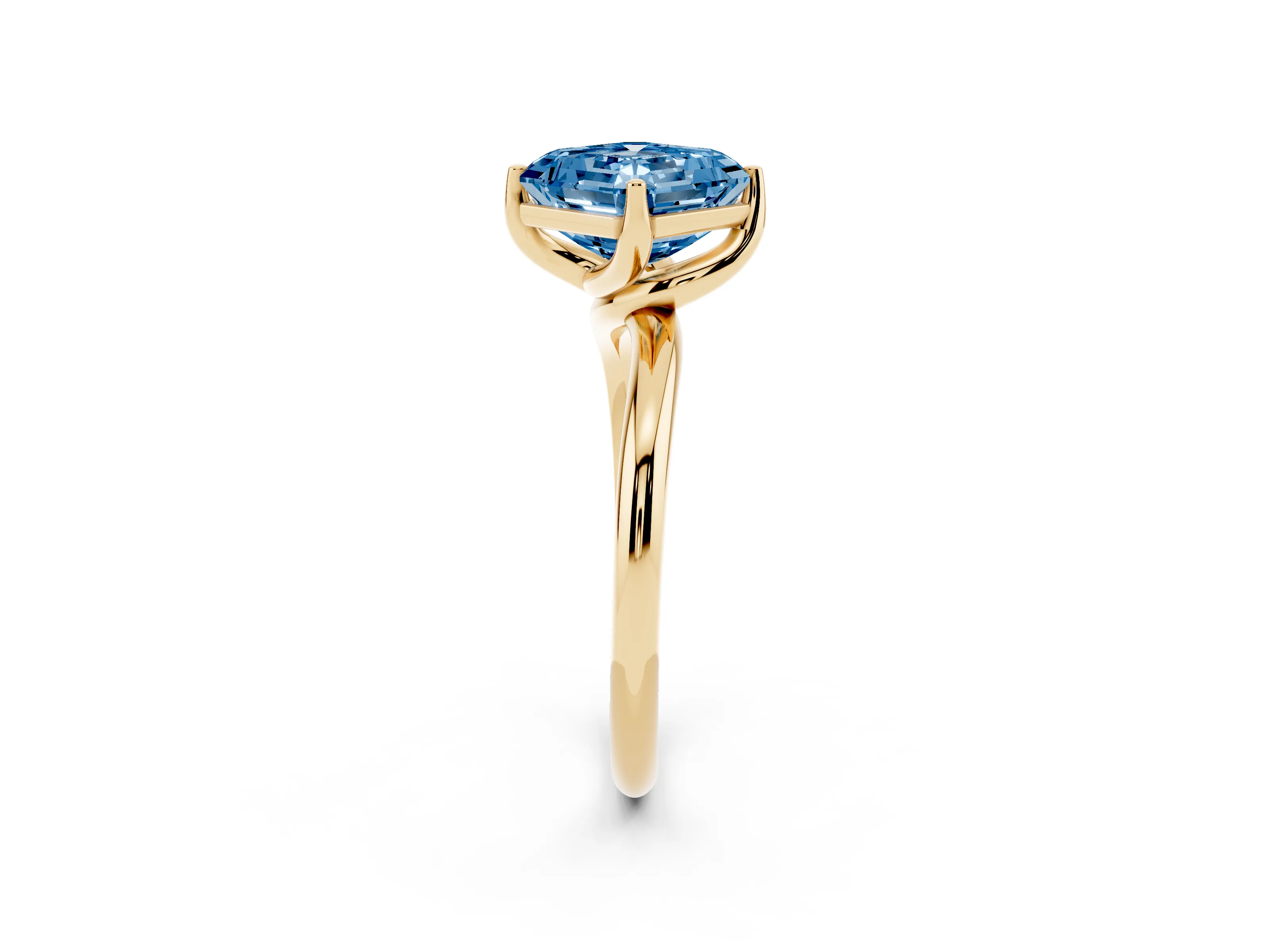 Fancy Blue Asscher Cut Diamond Solitaire Engagement Ring Set in Yellow gold with Classic Plain Band