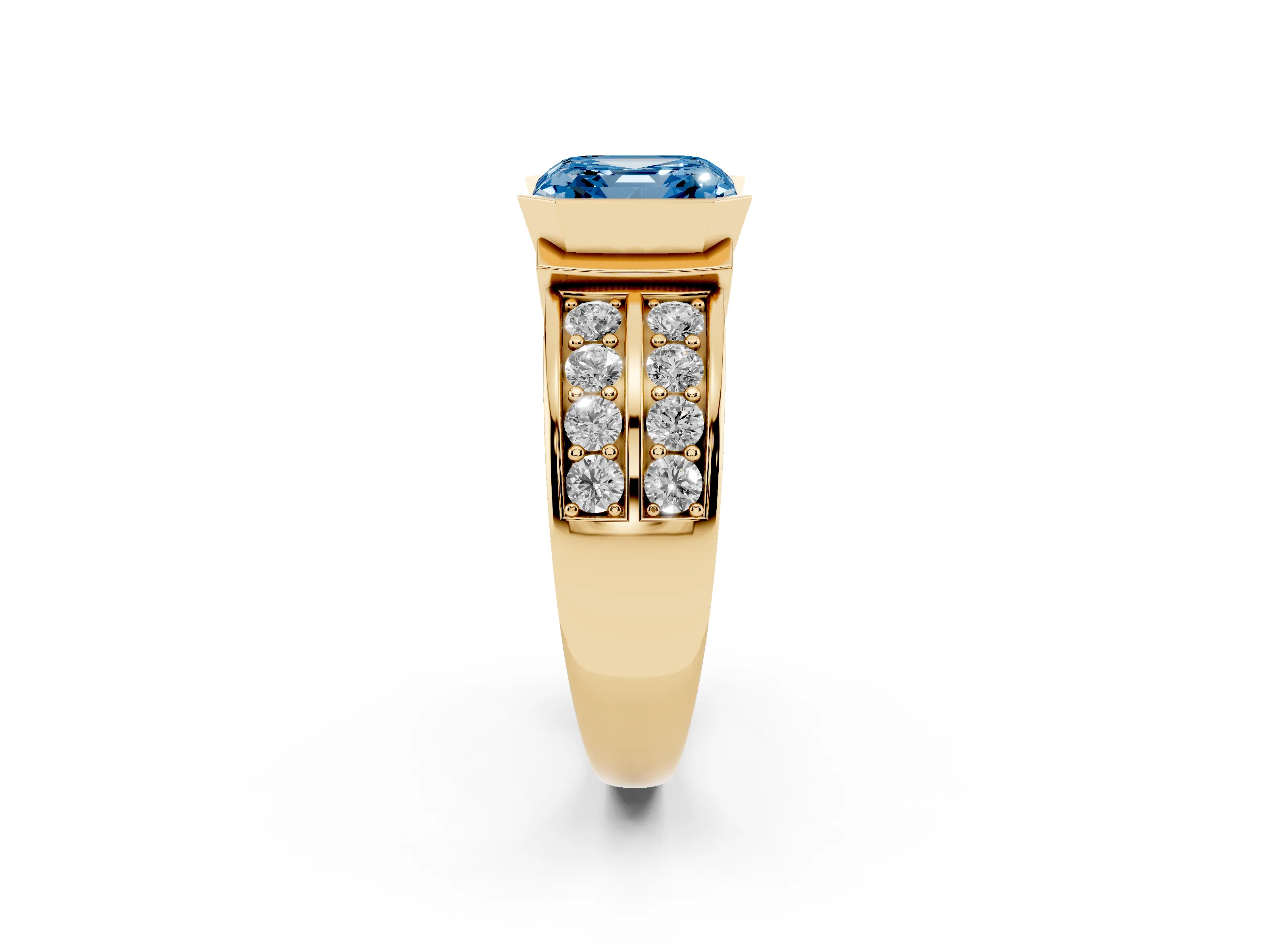 Fancy Blue Asscher Cut Diamond Wide Channel Set Band Ring Set in Yellow gold with Bezel Setting