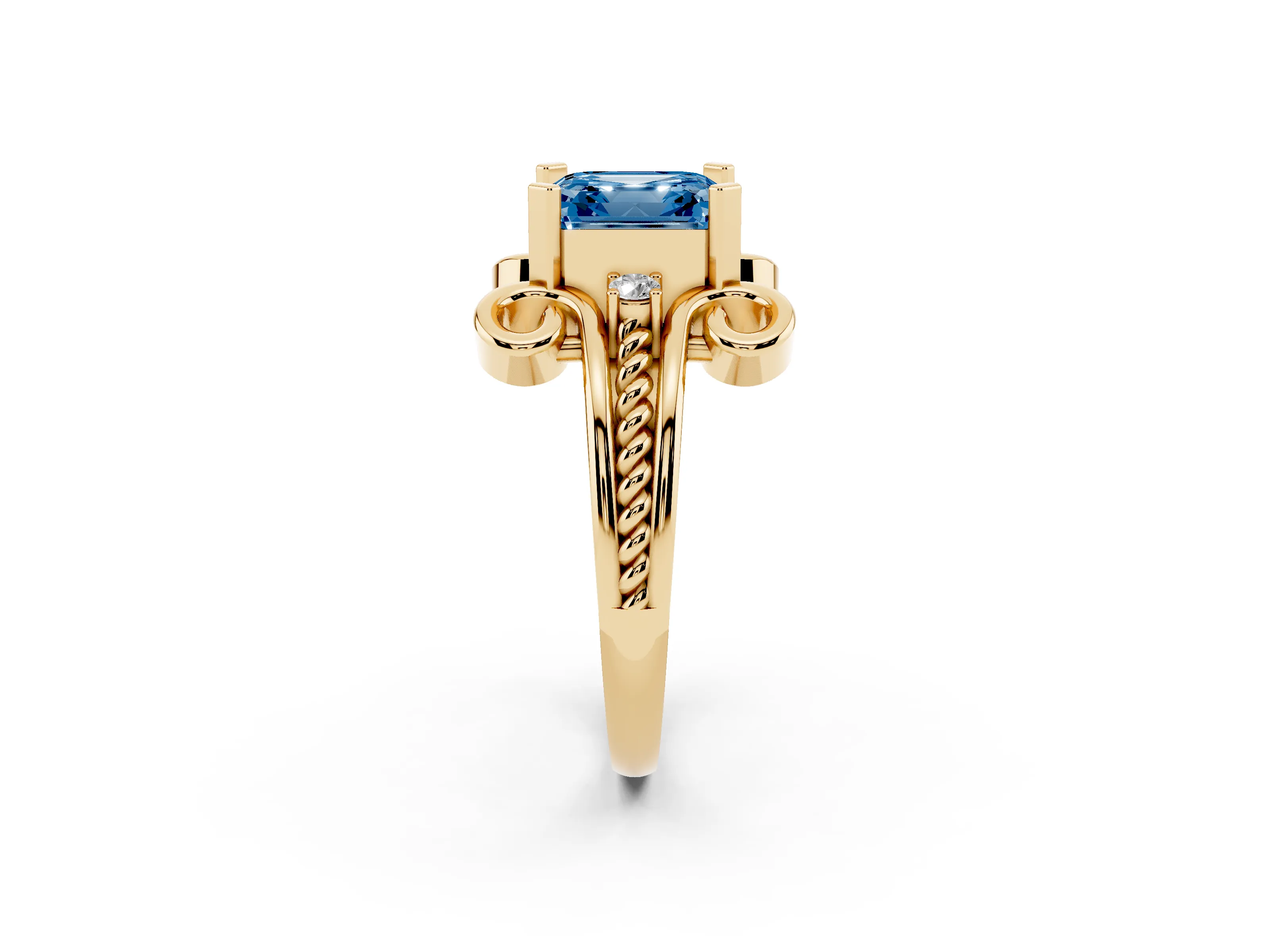 Fancy Blue Asscher Cut Diamond Twisted Band Solitaire Ring Set in Yellow gold with Scroll Prongs