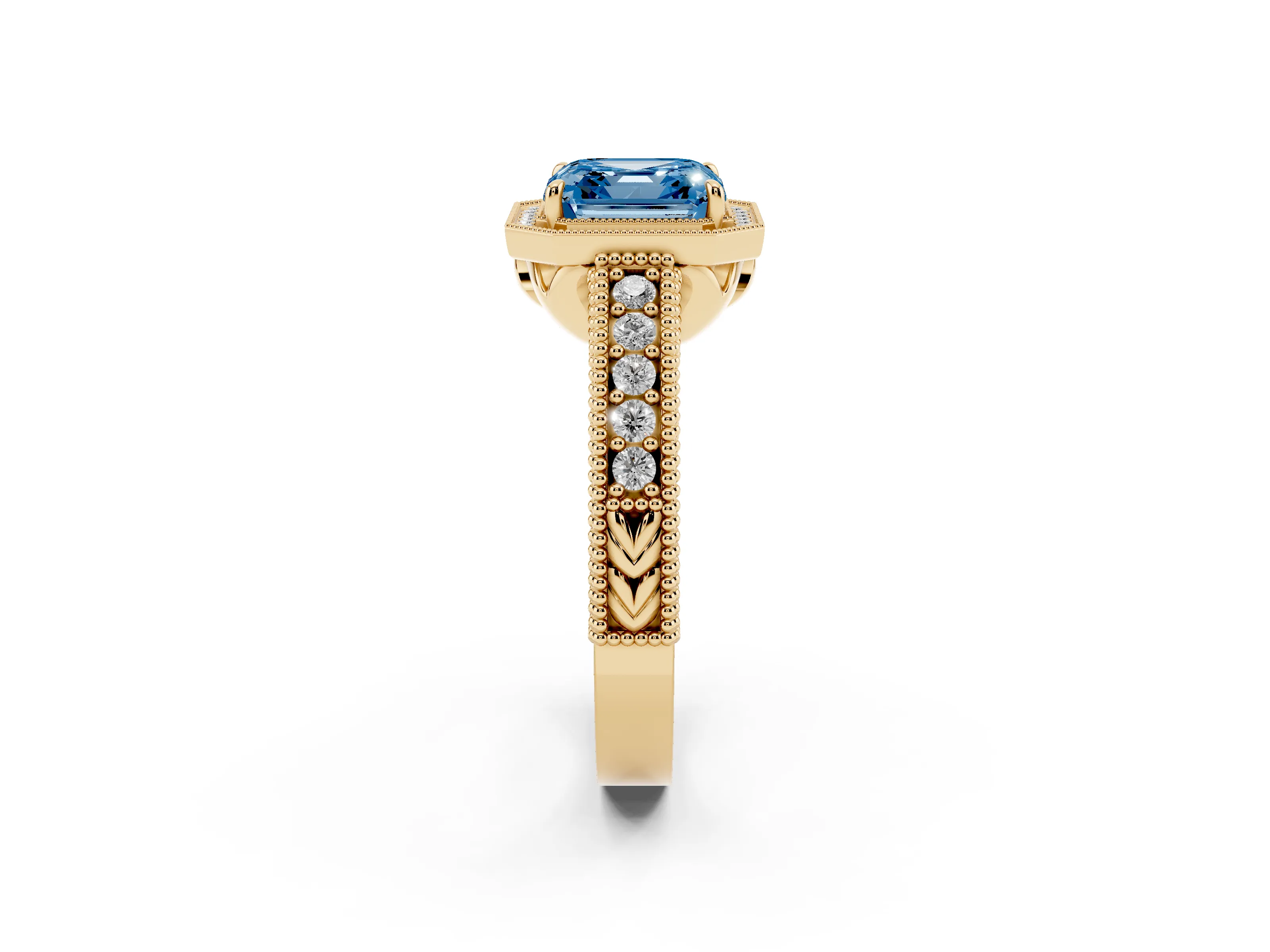 Fancy Blue Asscher Cut Diamond Halo Ring Set in Yellow gold with Round Accent Halo, Pavé Band and Prong Setting