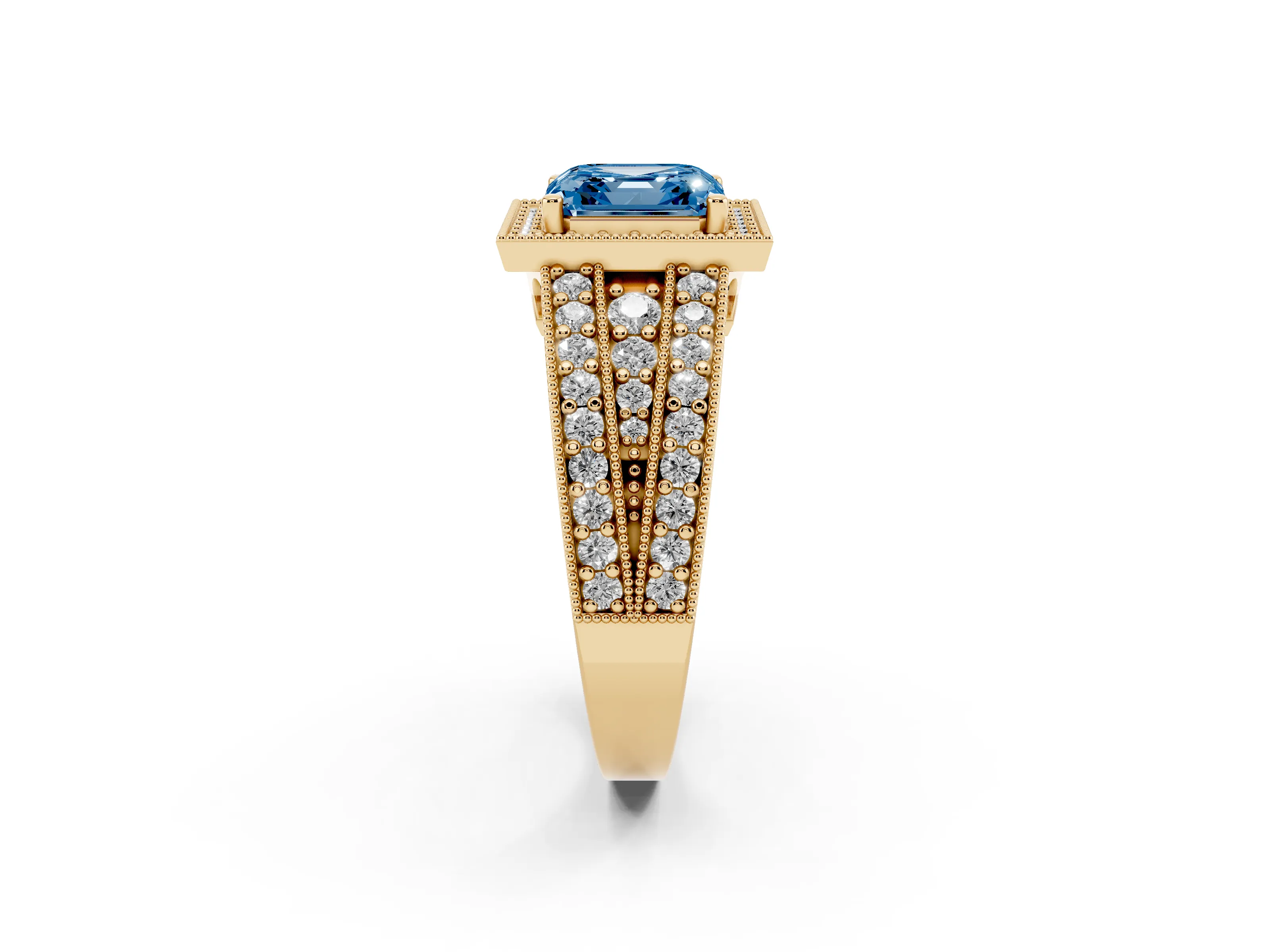 Fancy Blue Asscher Cut Diamond Halo Ring Set in Yellow gold with Accent Split Shank and Prong Setting