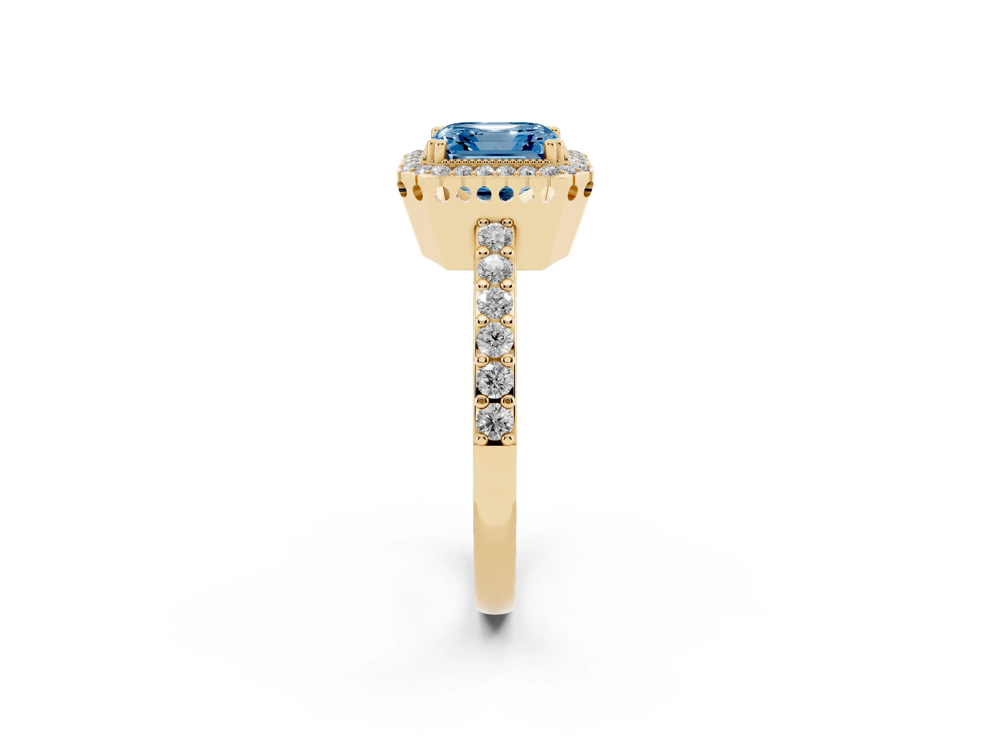 Fancy Blue Asscher Cut Diamond Halo Engagement Ring Set in Yellow gold with Milgrain Detail and Pavé Band