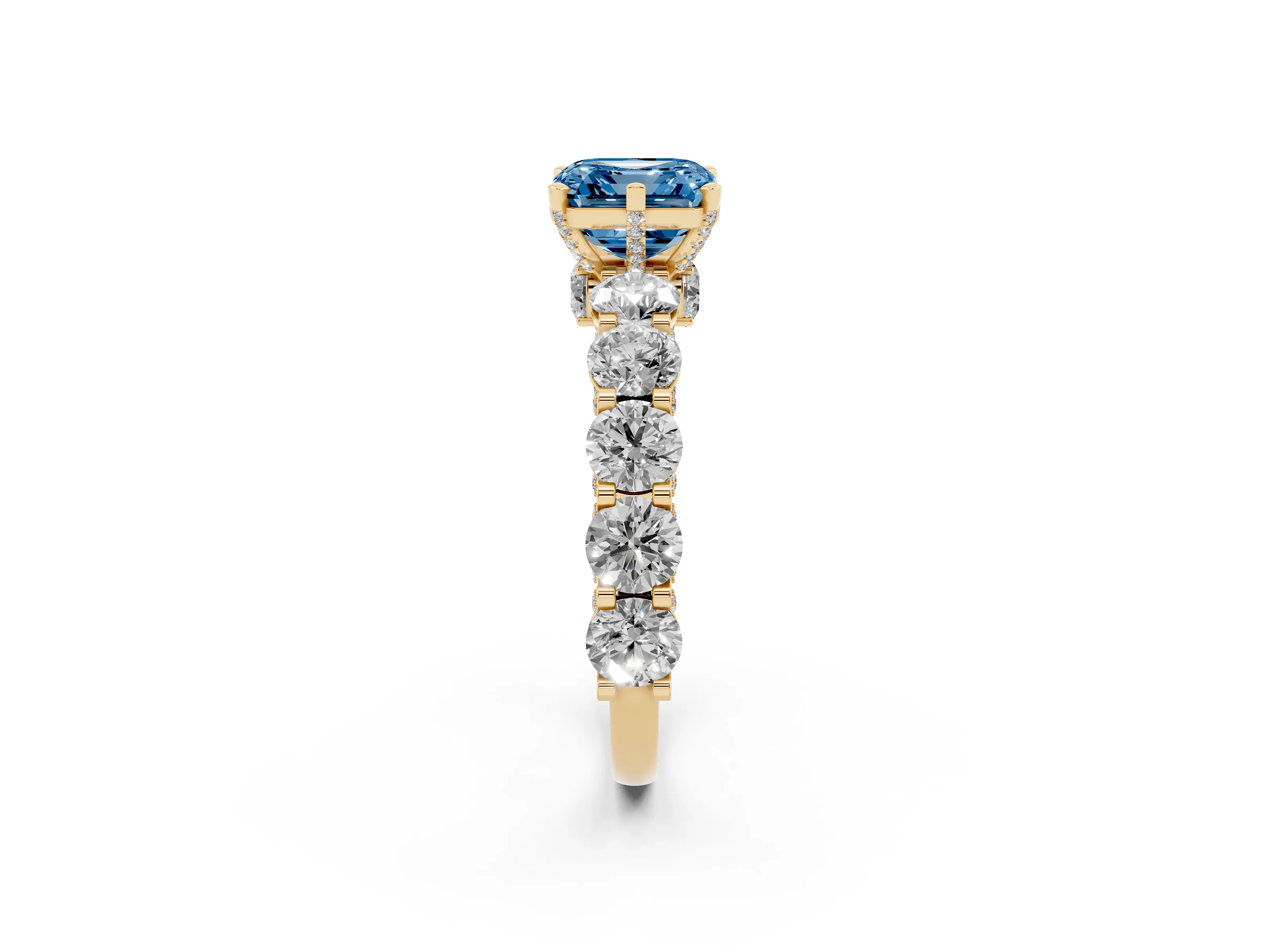 Fancy Blue Asscher Cut Diamond Side Stone Ring Set in Yellow gold with Alternating Round and Oval Side Stones