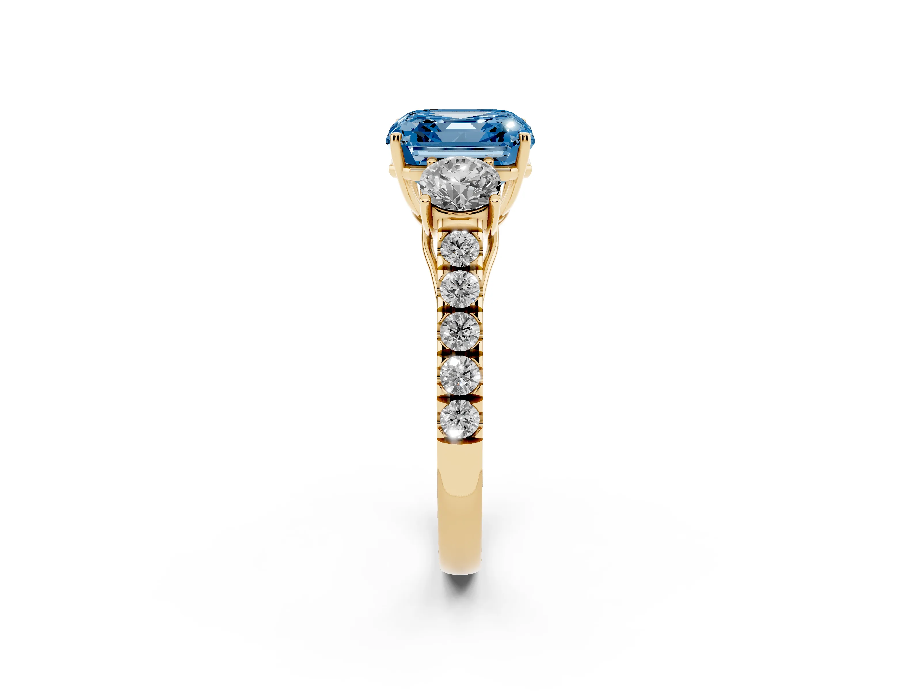 Fancy Blue Asscher Cut Diamond Three-Stone Ring Set in Yellow gold with Round Side Stones and Delicate Pavé Band