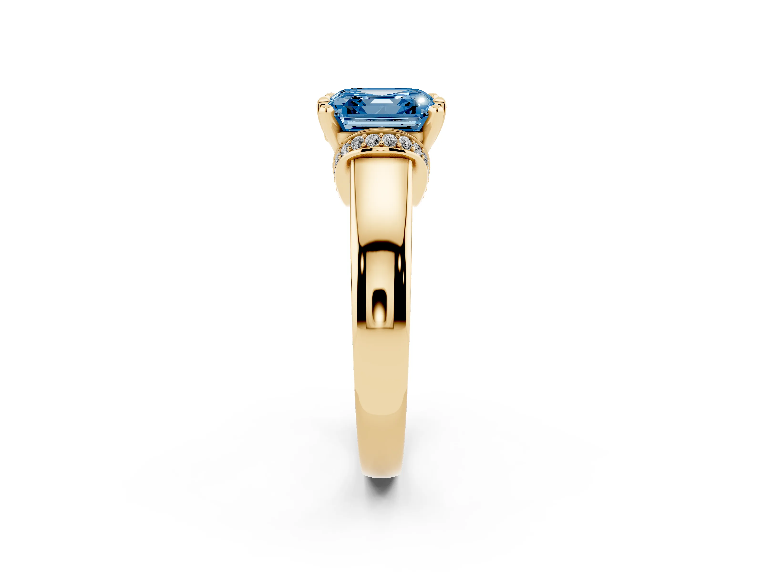 Fancy Blue Asscher Cut Diamond Pavé Band Solitaire Ring Set in Yellow gold with Prong Setting