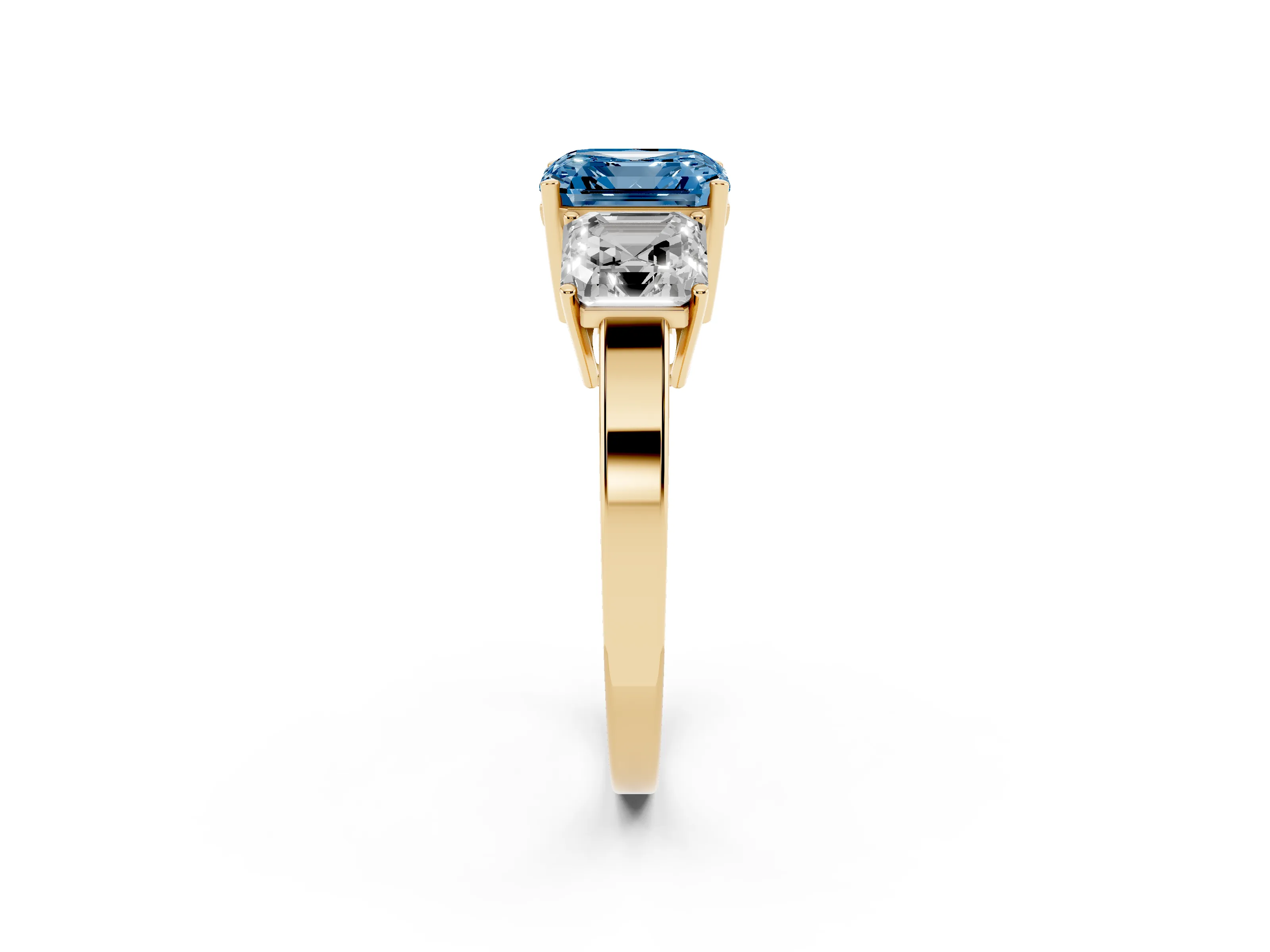 Fancy Blue Asscher Cut Diamond Three-Stone Engagement Ring Set in Yellow gold with Flat Band