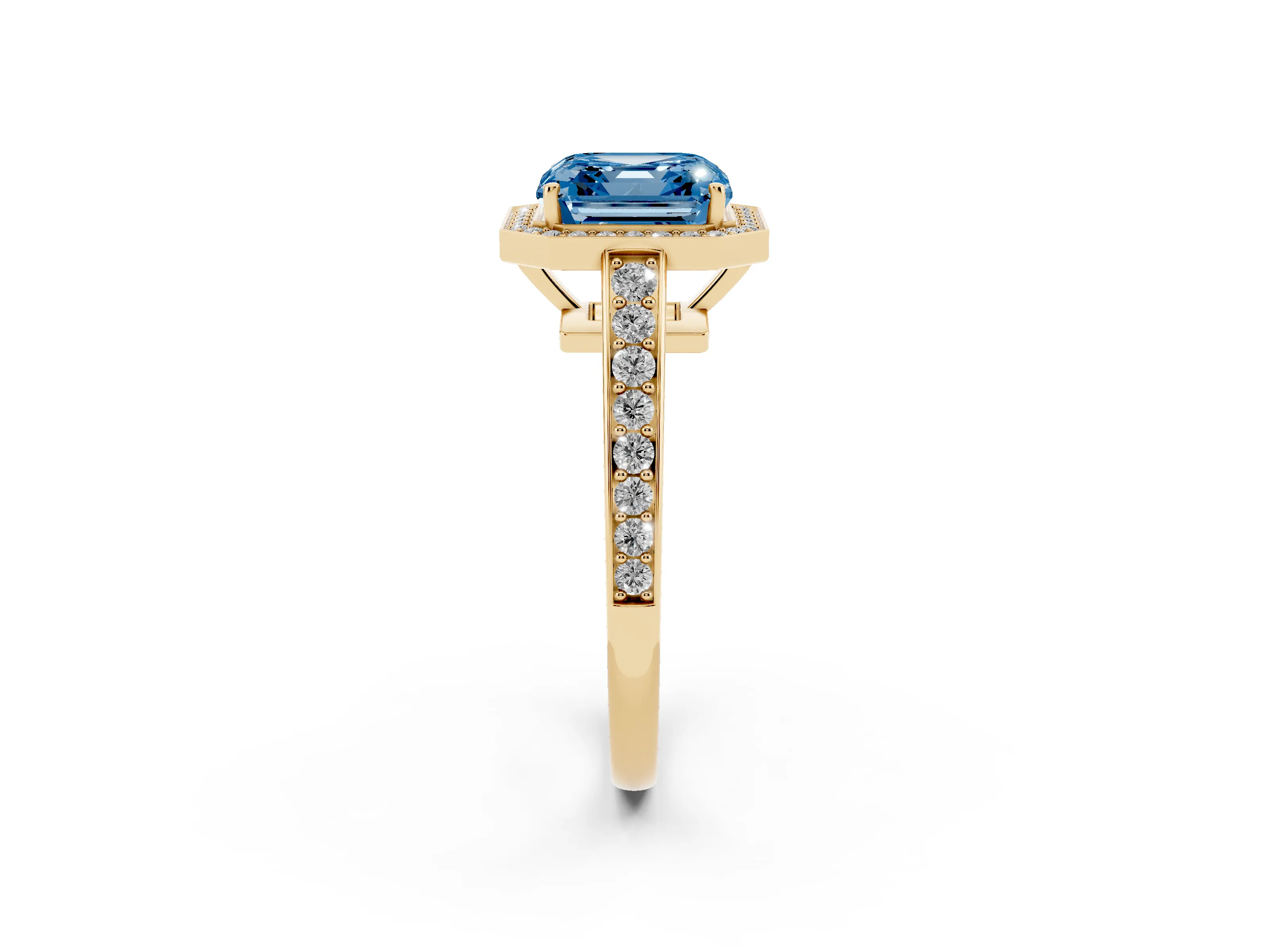 Fancy Blue Asscher Cut Diamond Halo Pavé Engagement Ring Set in Yellow gold with Bezel Setting