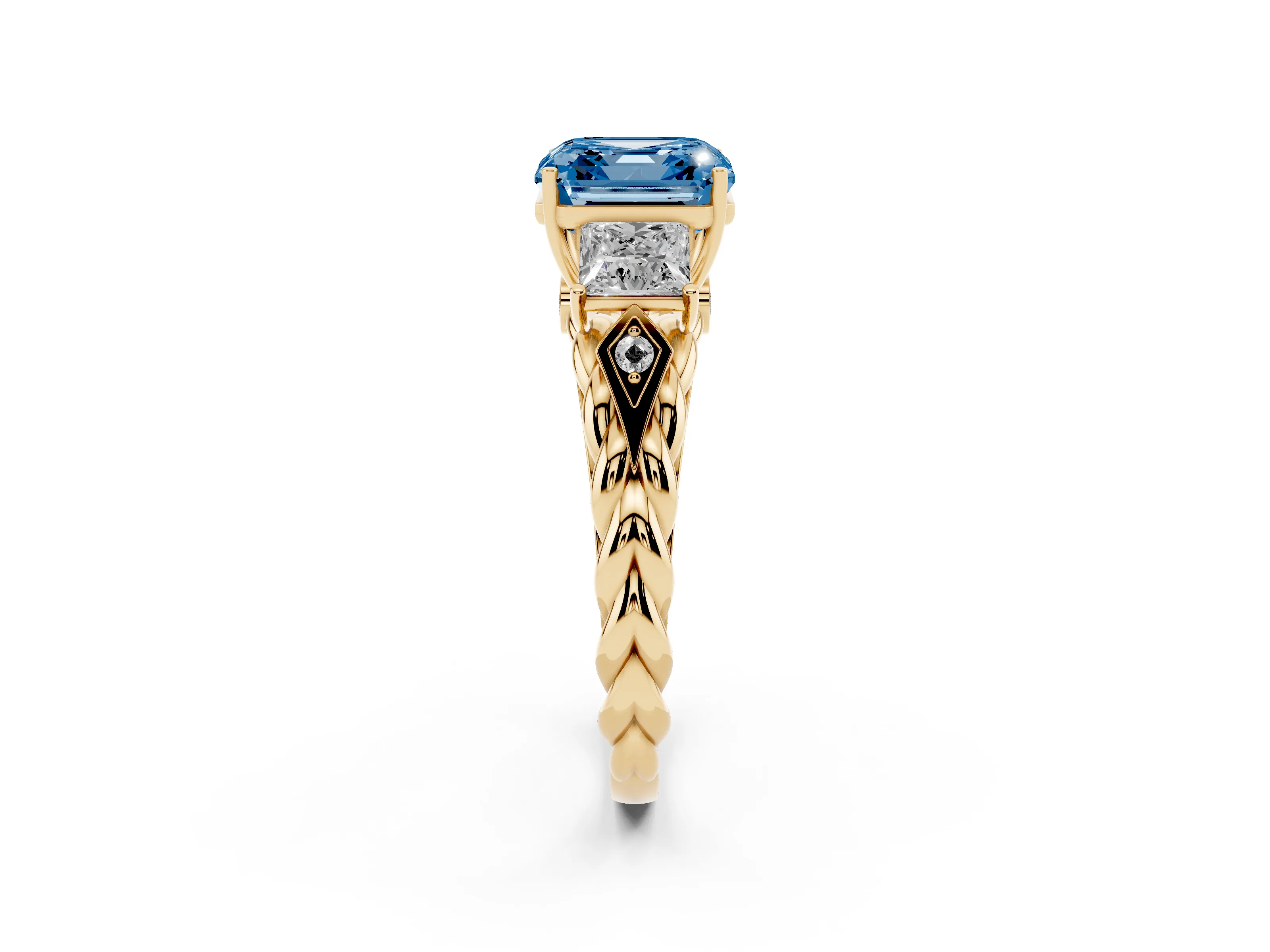 Fancy Blue Asscher Cut Diamond Three-Stone Ring Set in Yellow gold with Braided Band