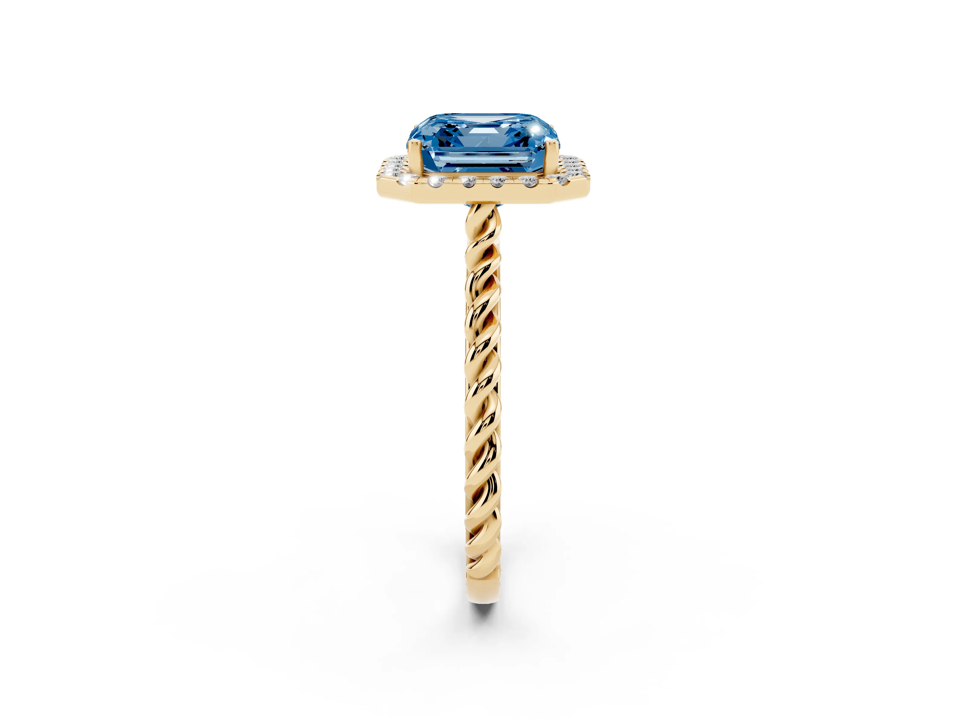 Fancy Blue Asscher Cut Diamond Halo Ring Set in Yellow gold with Plain Twisted Band
