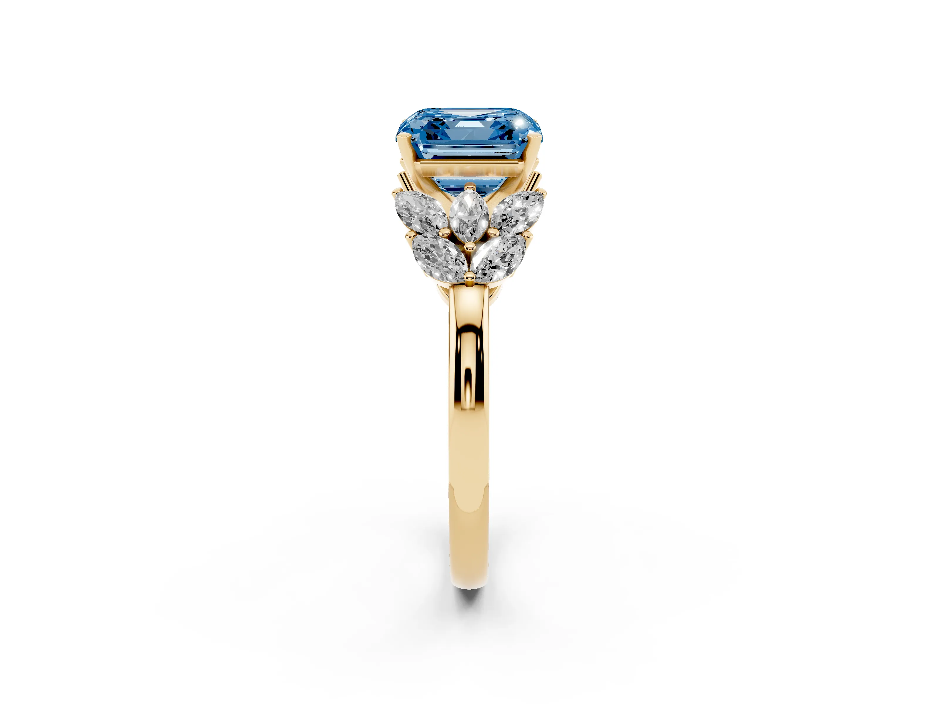 Fancy Blue Asscher Cut Diamond Cluster Leaf Design Ring Set in Yellow gold with Prong Setting