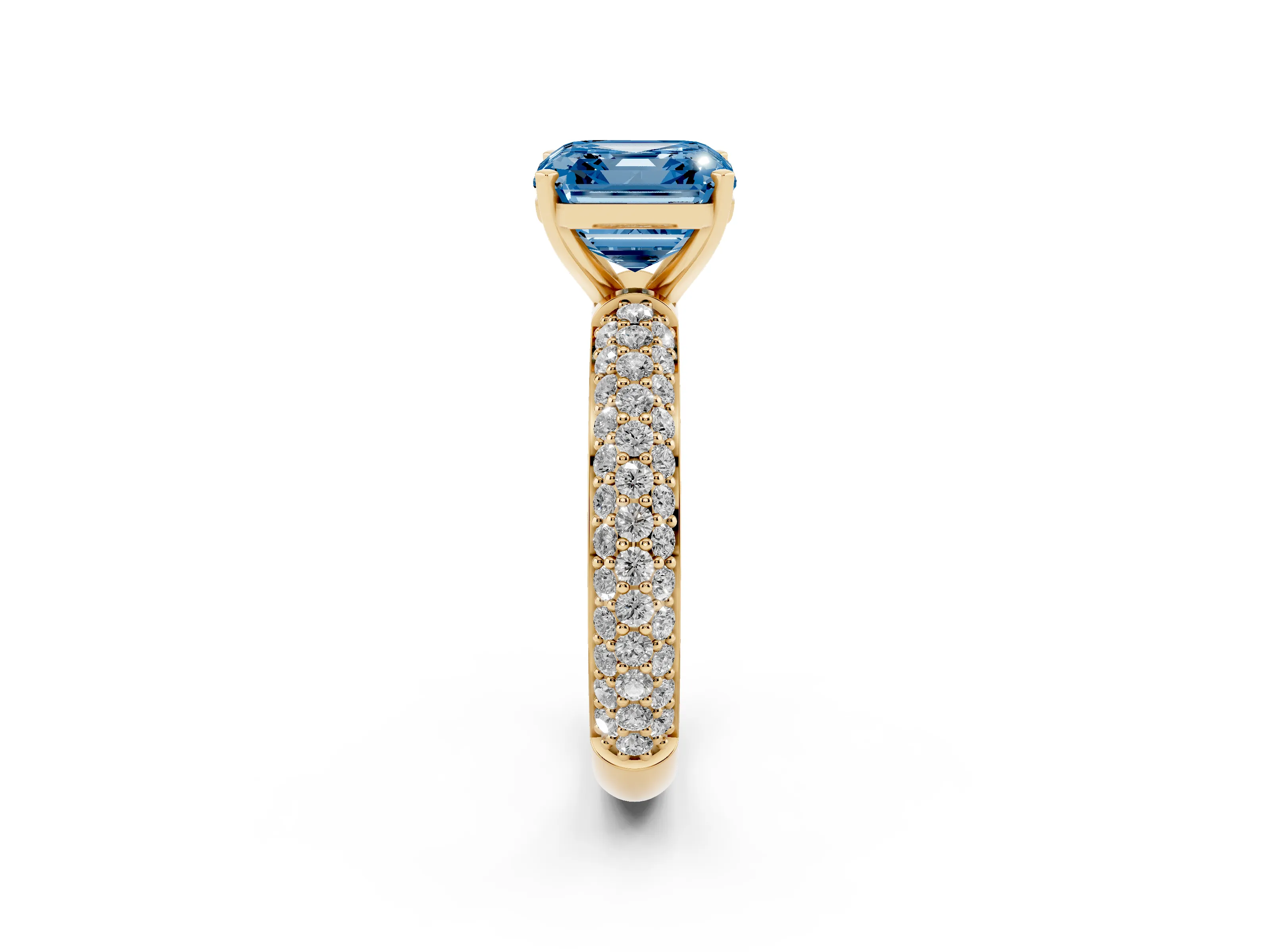 Fancy Blue Asscher Cut Diamond Solitaire Ring Set in Yellow gold with Prong Setting and Pavé-Set Band