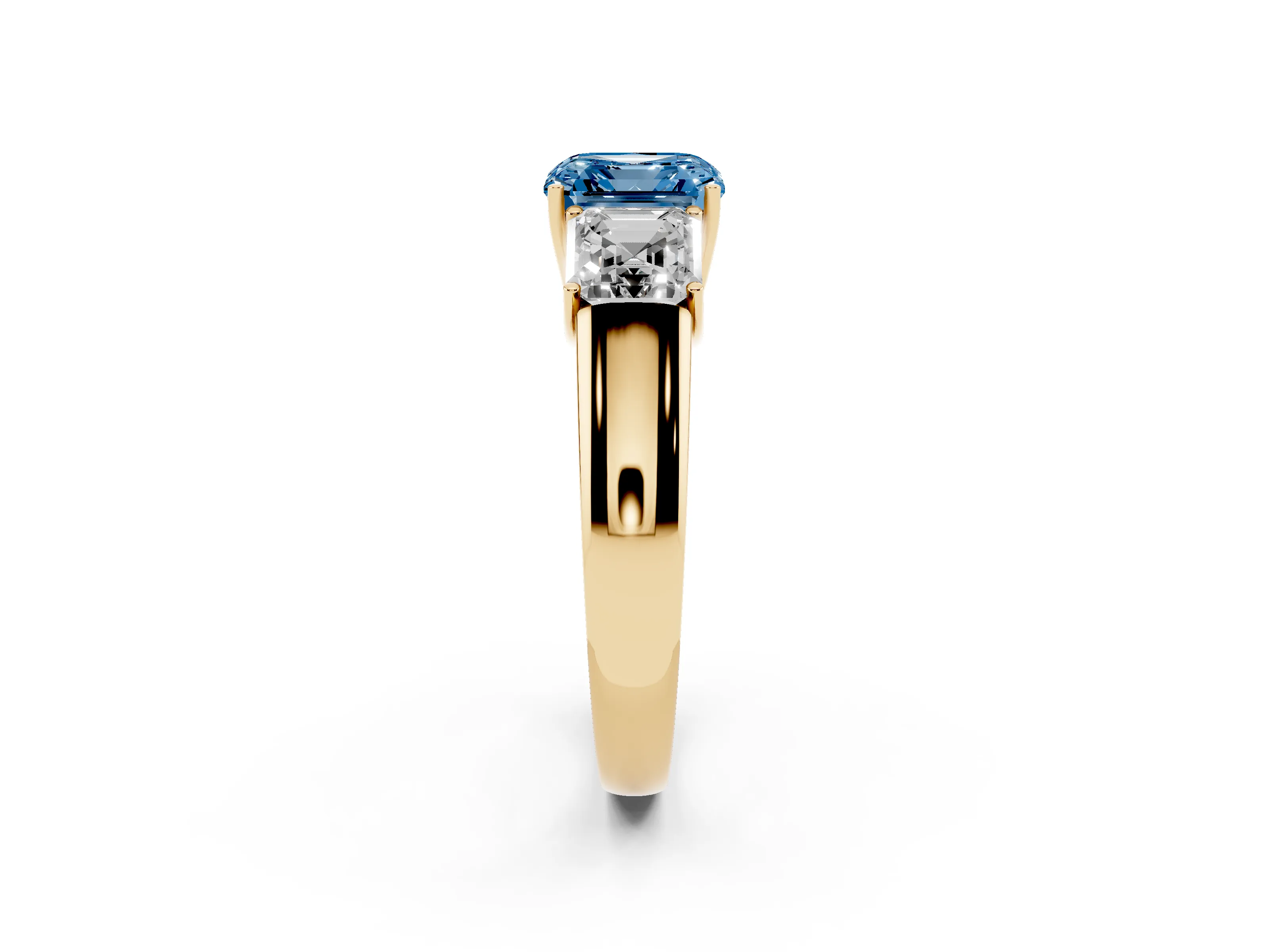 Fancy Blue Three-Stone Asscher Cut Diamond Ring Set in Yellow gold with Matching Prong Settings and Plain Band
