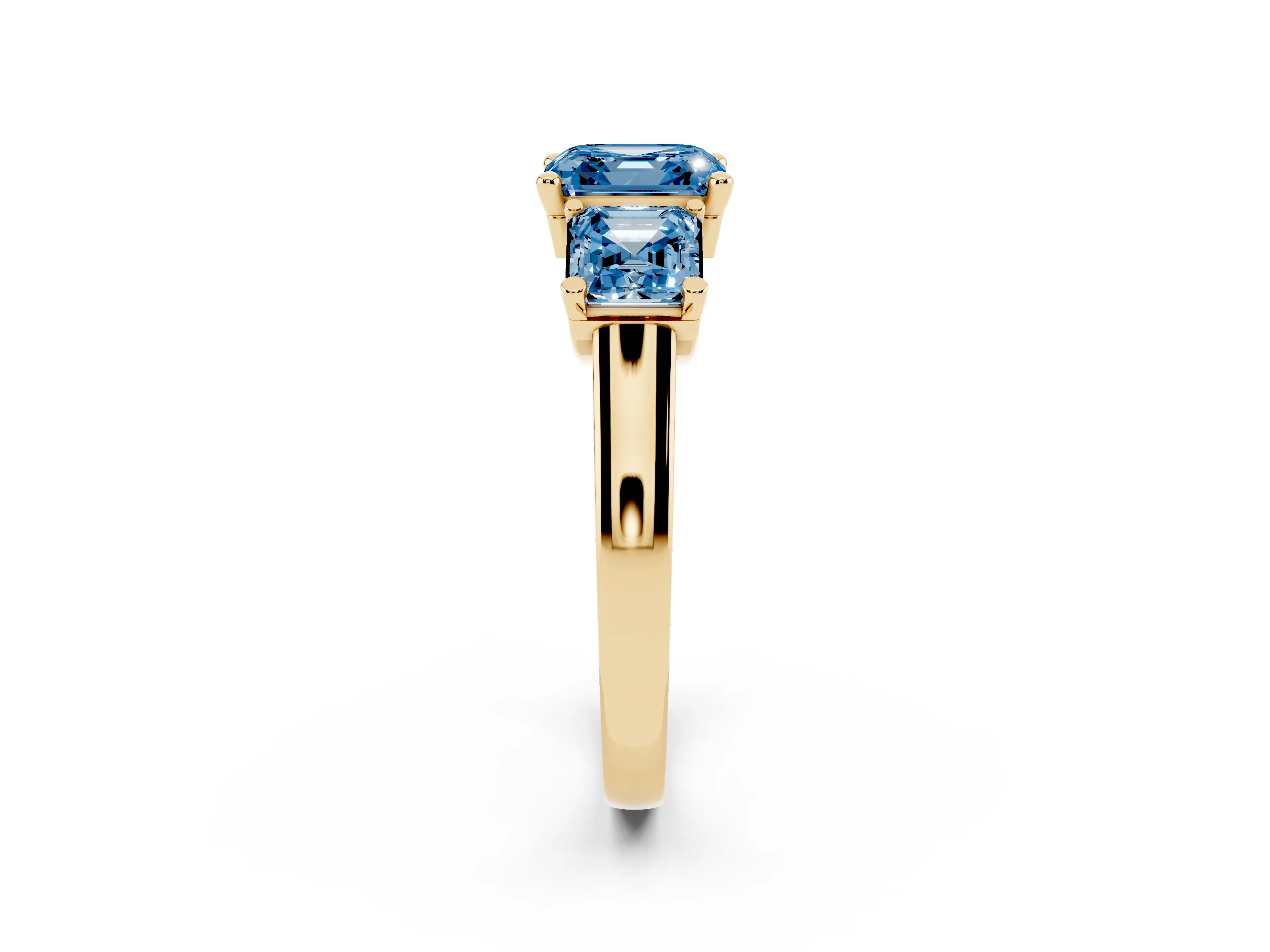 Fancy Blue Asscher Cut Diamond Three-Stone Trellis Ring Set in Yellow gold with Comfort Fit Band