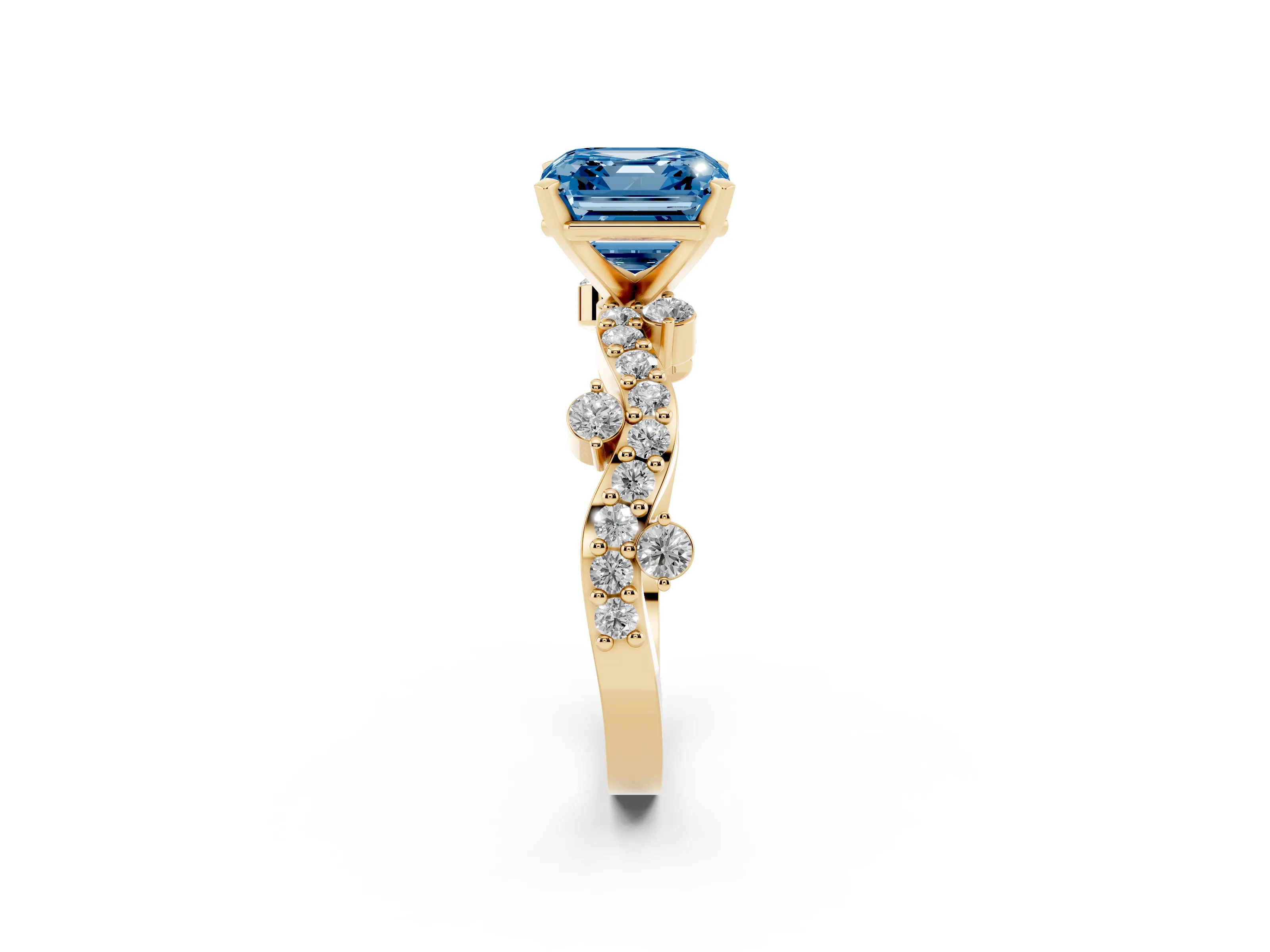 Fancy Blue Asscher Cut Diamond Solitaire Twisted Band Set in Yellow gold with Pavé Setting