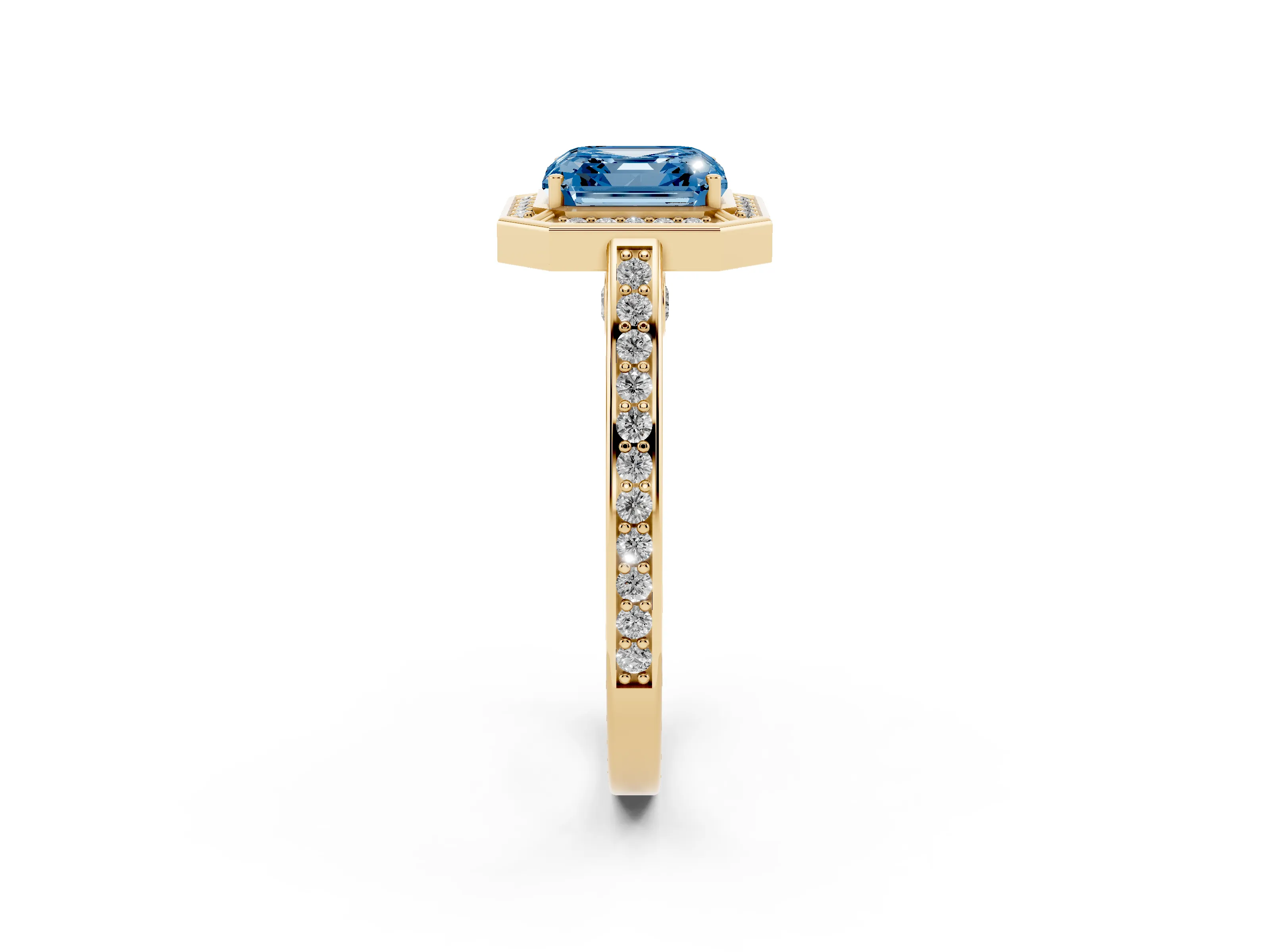 Fancy Blue Asscher Cut Diamond Halo Pavé Split Shank Ring Set in Yellow gold with Prong Setting