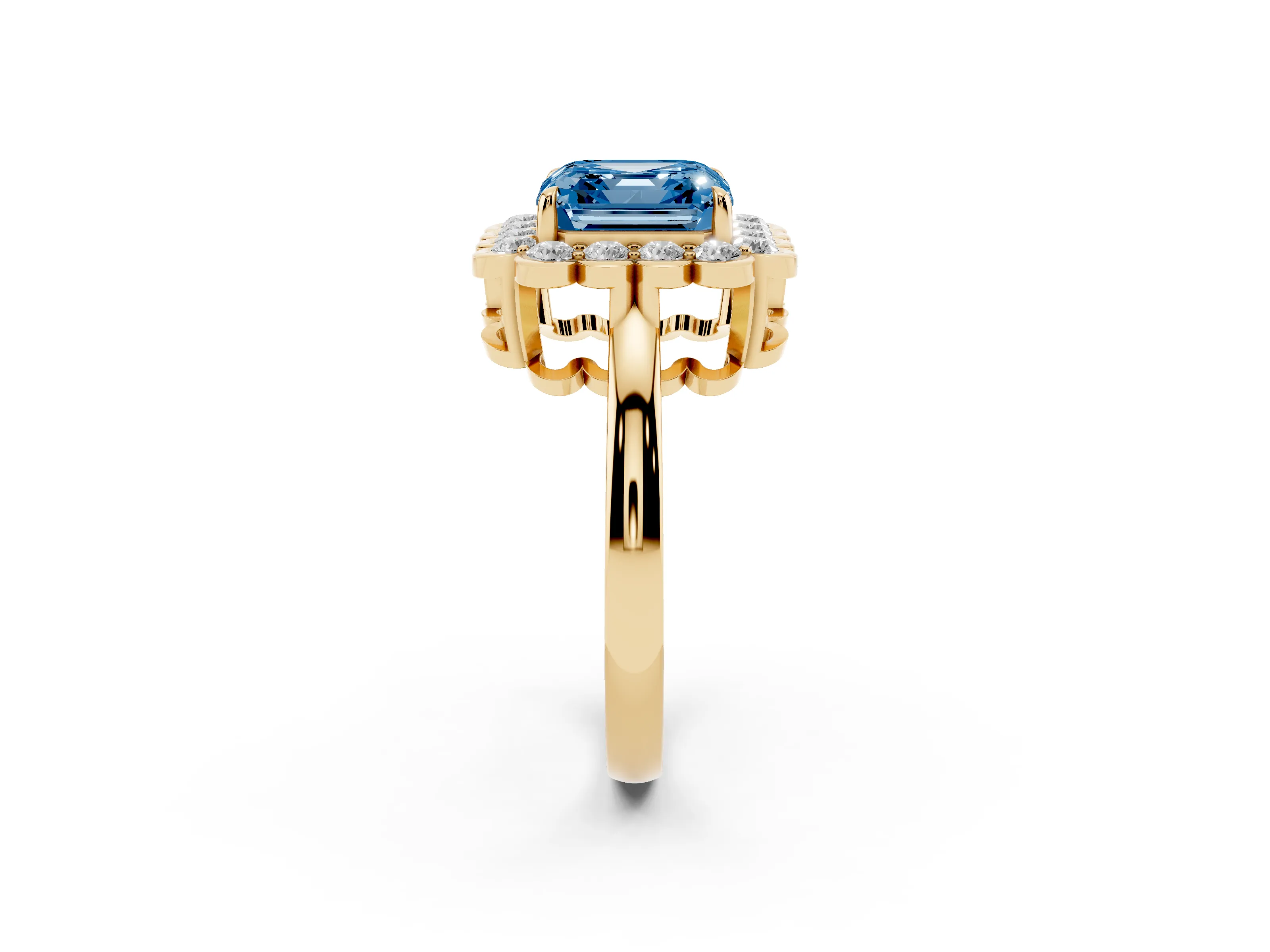 Fancy Blue Asscher Cut Diamond Halo Cluster Engagement Ring Set in Yellow gold with Solitaire Band and Prong Setting