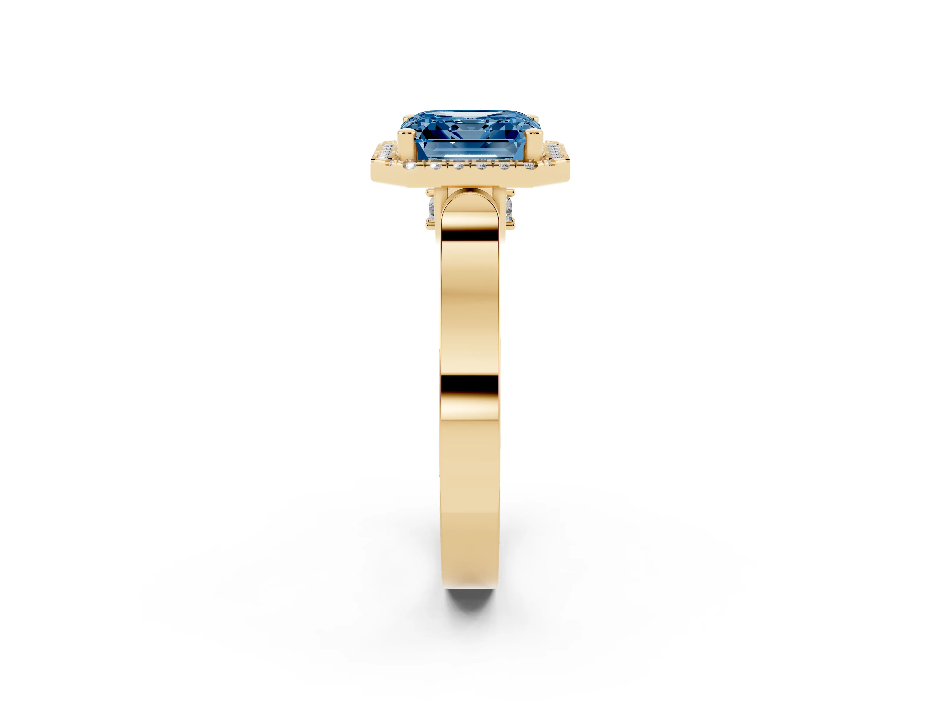Fancy Blue Asscher Cut Diamond Halo Ring Set in Yellow gold with Pavé-Lined Split Shank Band