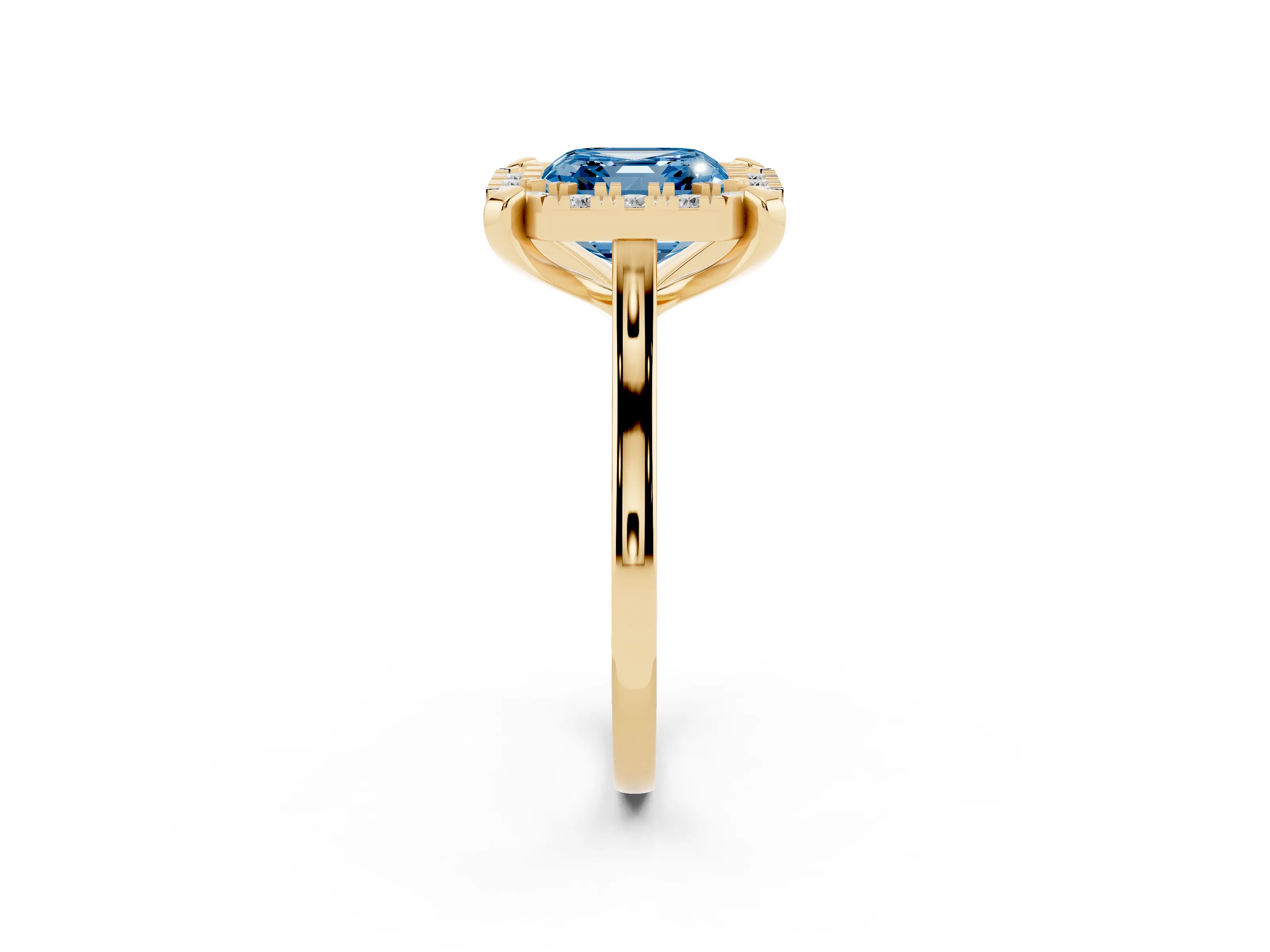 Fancy Blue Asscher Cut Diamond Cluster Halo Solitaire Ring Set in Yellow gold with Prong Setting