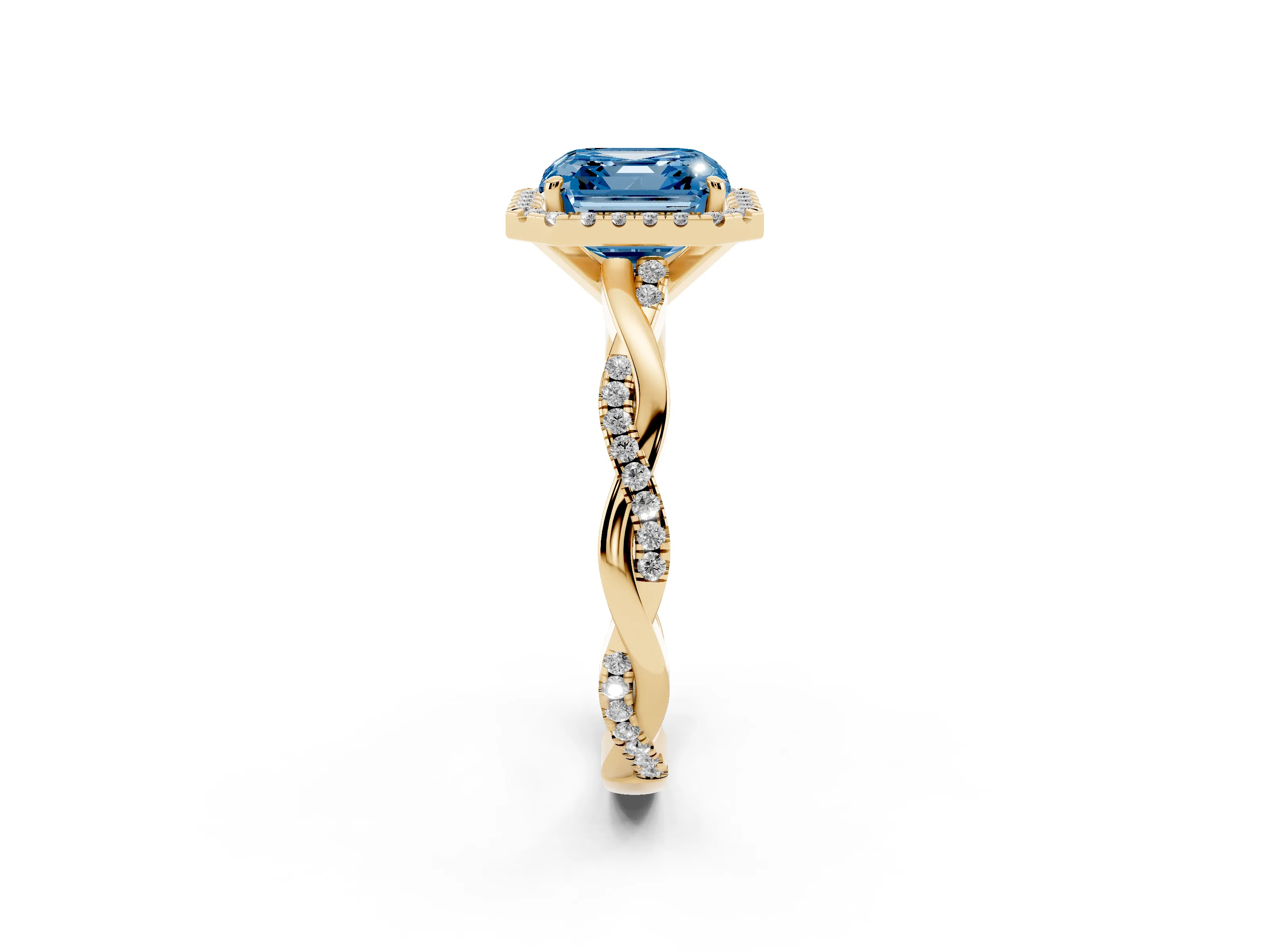 Fancy Blue Asscher Cut Diamond Halo Twisted Band Ring Set in Yellow gold with Prong Setting