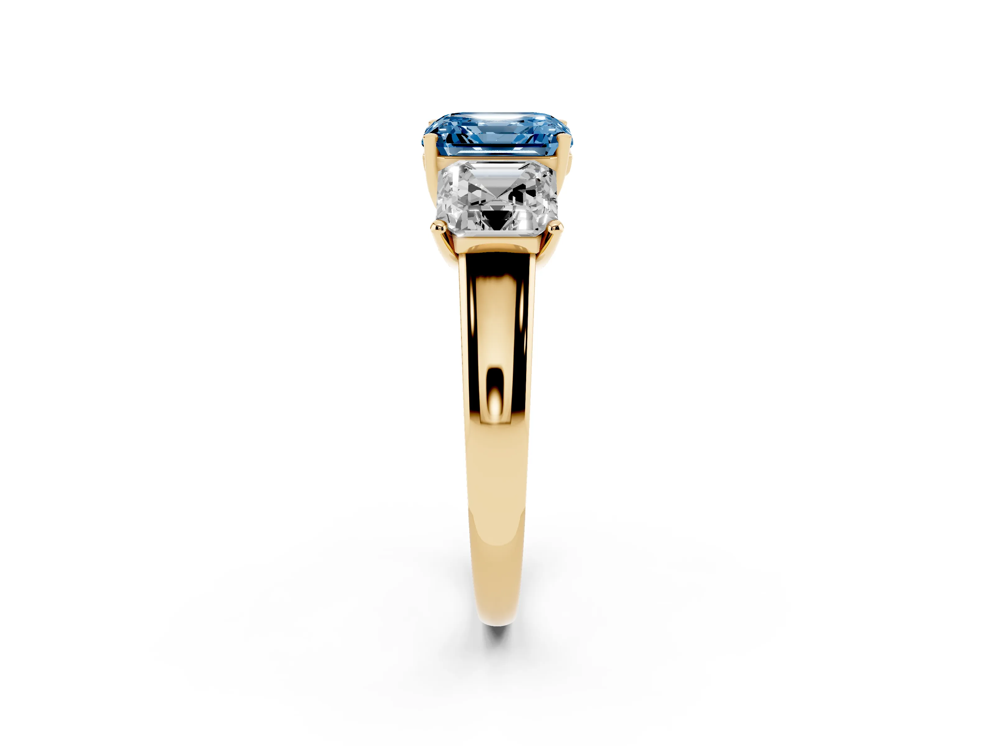 Fancy Blue Asscher Cut Diamond Three-Stone Ring Set in Yellow gold with Classic Prong Setting and Plain Band