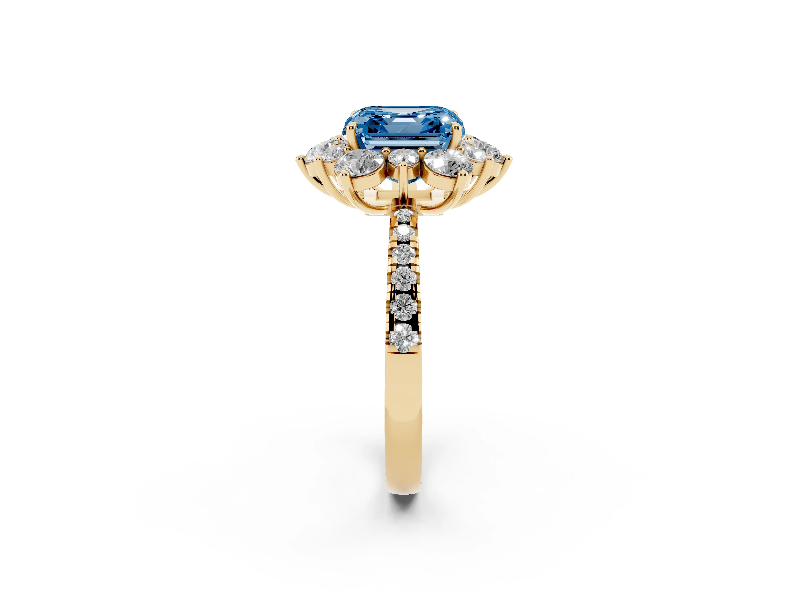 Fancy Blue Asscher Cut Diamond Floral Halo Ring Set in Yellow gold with Round Pavé Band and Prong Setting