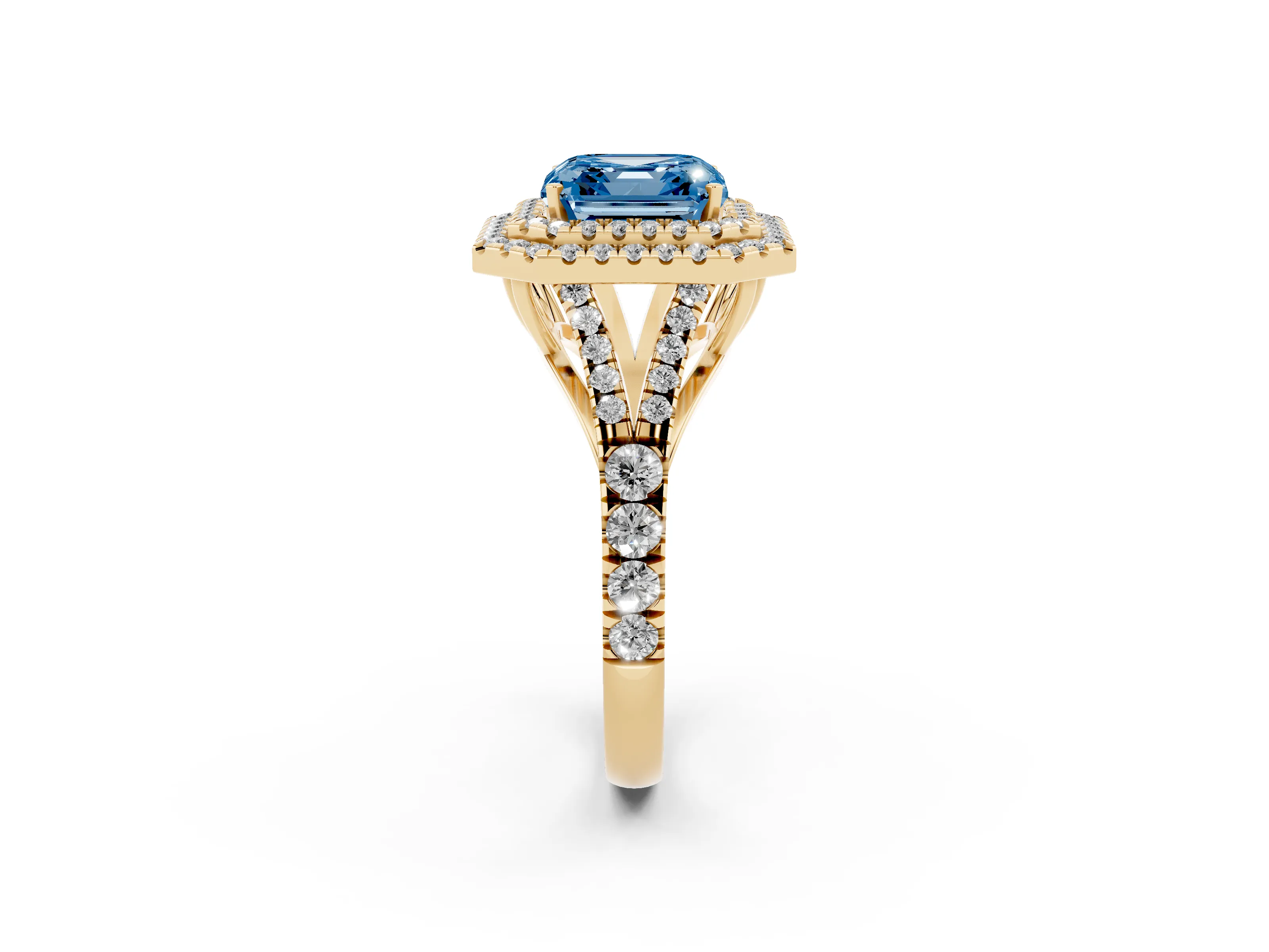 Fancy Blue Asscher Cut Diamond Pavé Split Shank Double Halo Engagement Ring Set in Yellow gold