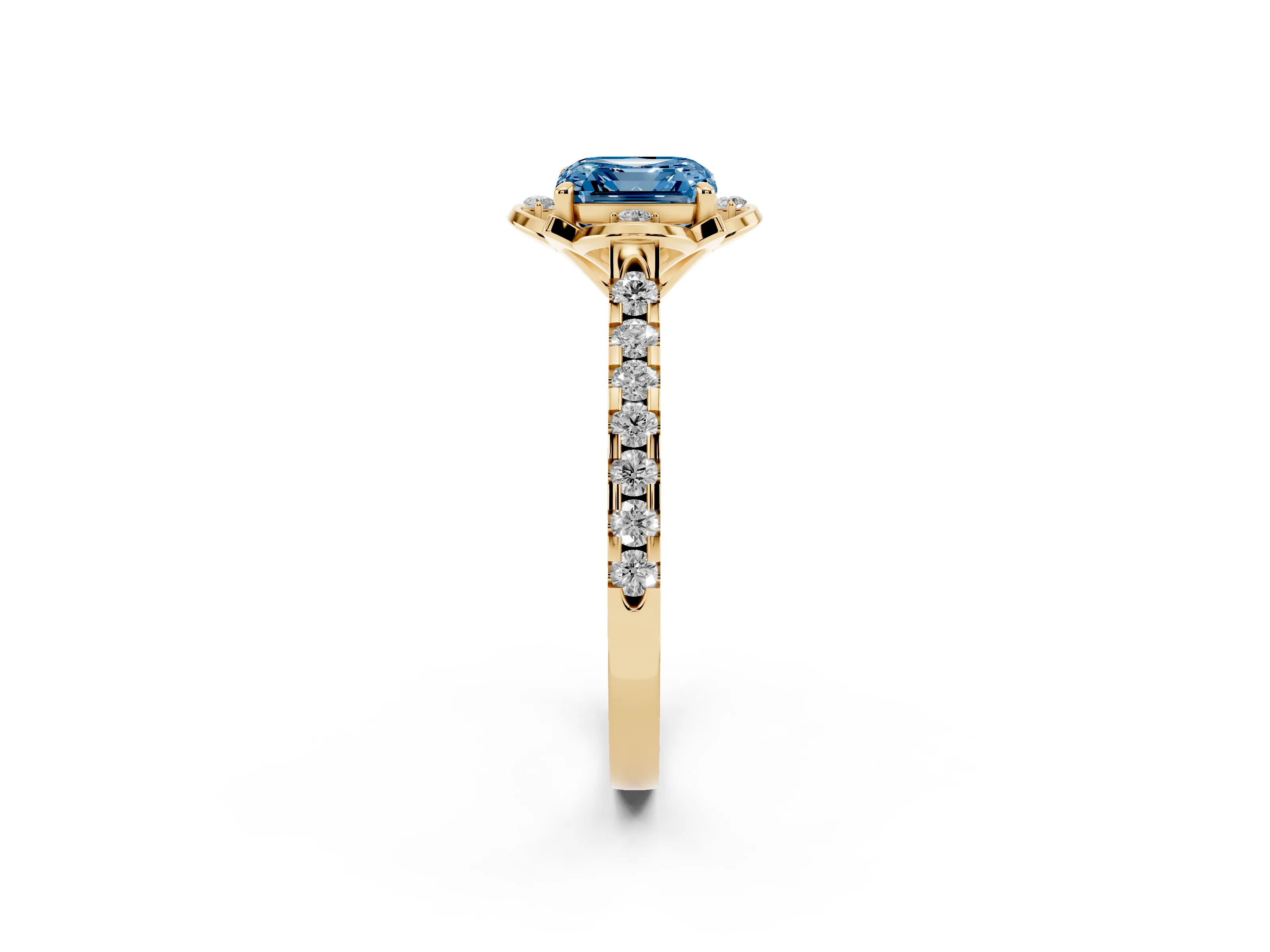 Fancy Blue Asscher Cut Diamond Solitaire Ring Set in Yellow gold with Pavé Band and Floral Prong Setting