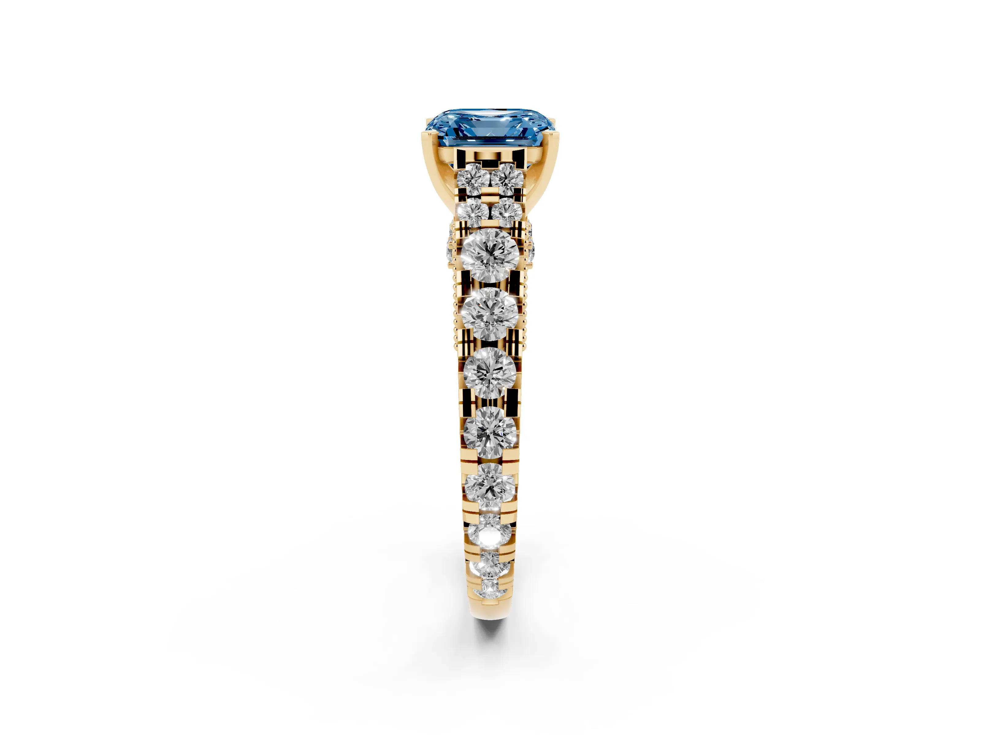 Fancy Blue Asscher Cut Diamond Classic Solitaire Ring Set in Yellow gold with Pavé Band and Prong Setting