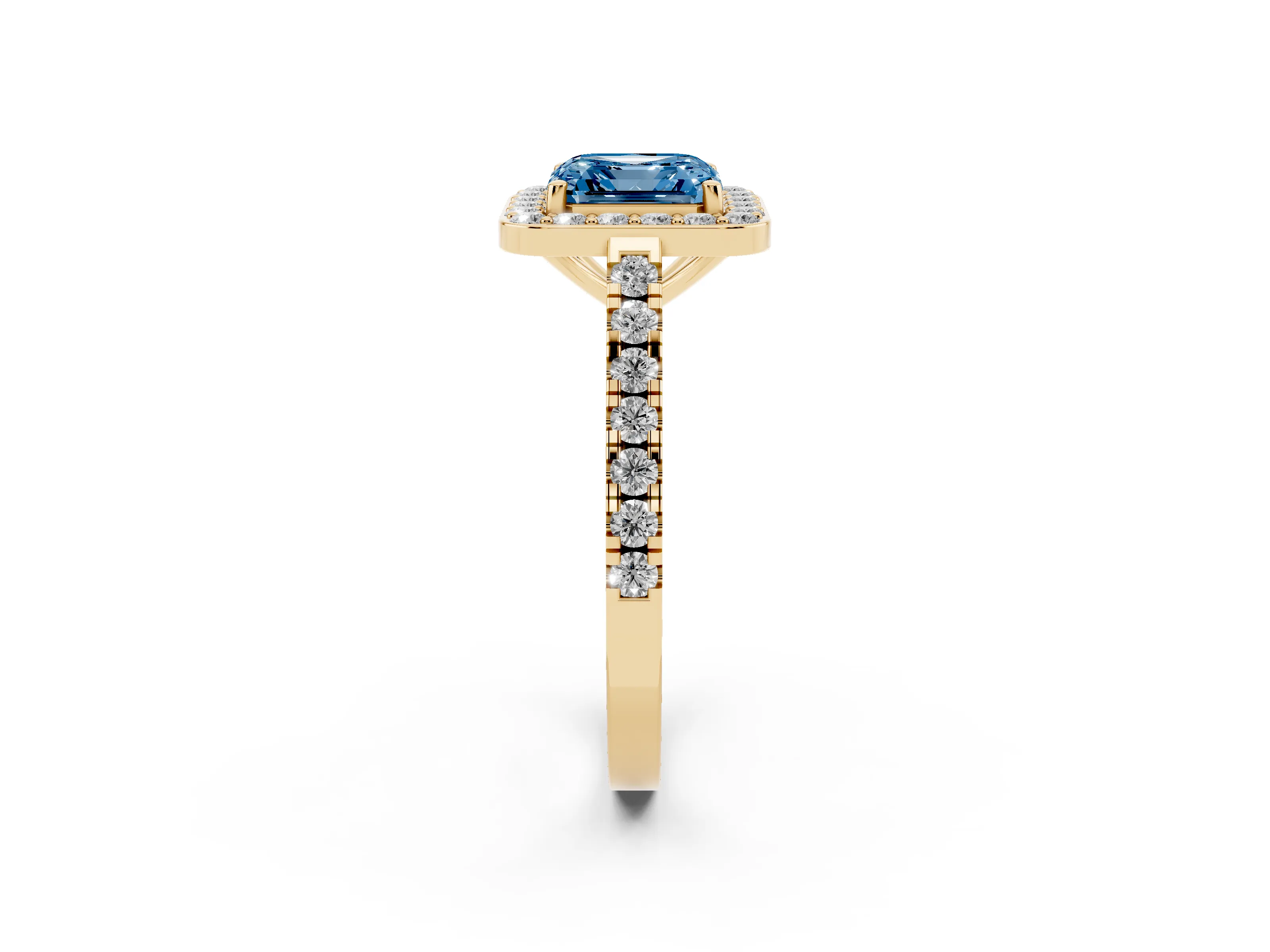 Fancy Blue Asscher Cut Diamond Halo Ring Set in Yellow gold with Round Pavé Split Shank and Prong Setting
