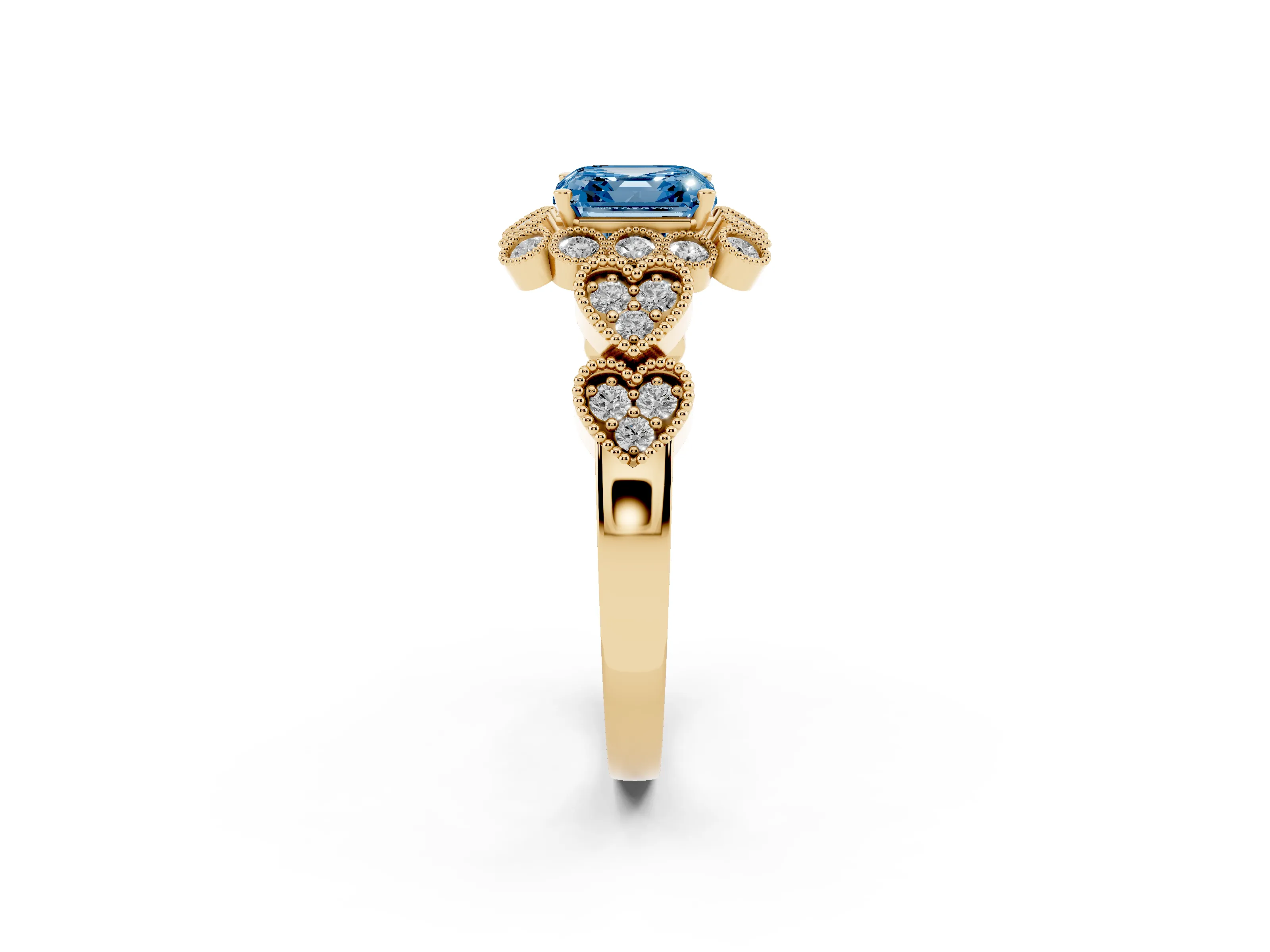 Fancy Blue Asscher Cut Diamond Solitaire Ring Set in Yellow gold with Milgrain Pavé Heart Band