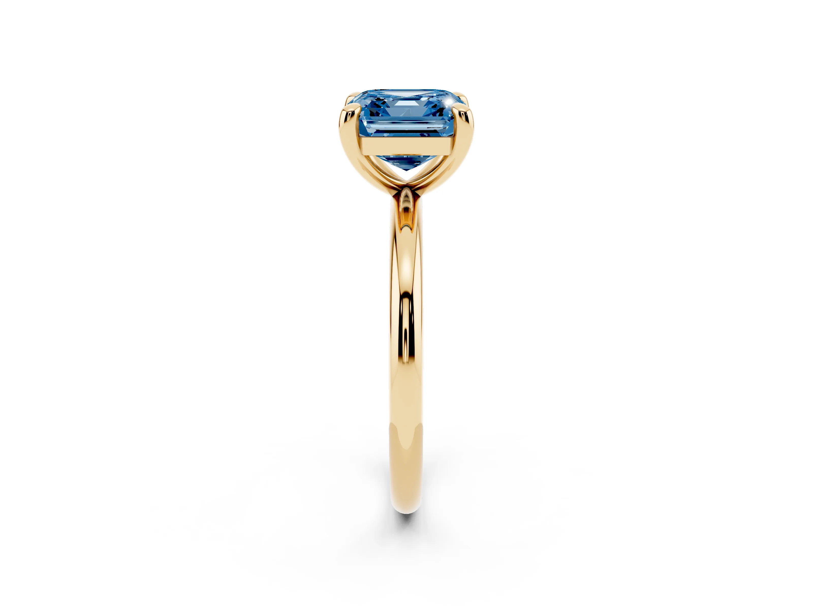 Fancy Blue Asscher Cut Diamond Solitaire Ring Set in Yellow gold with Prong Setting on a Polished Plain Band