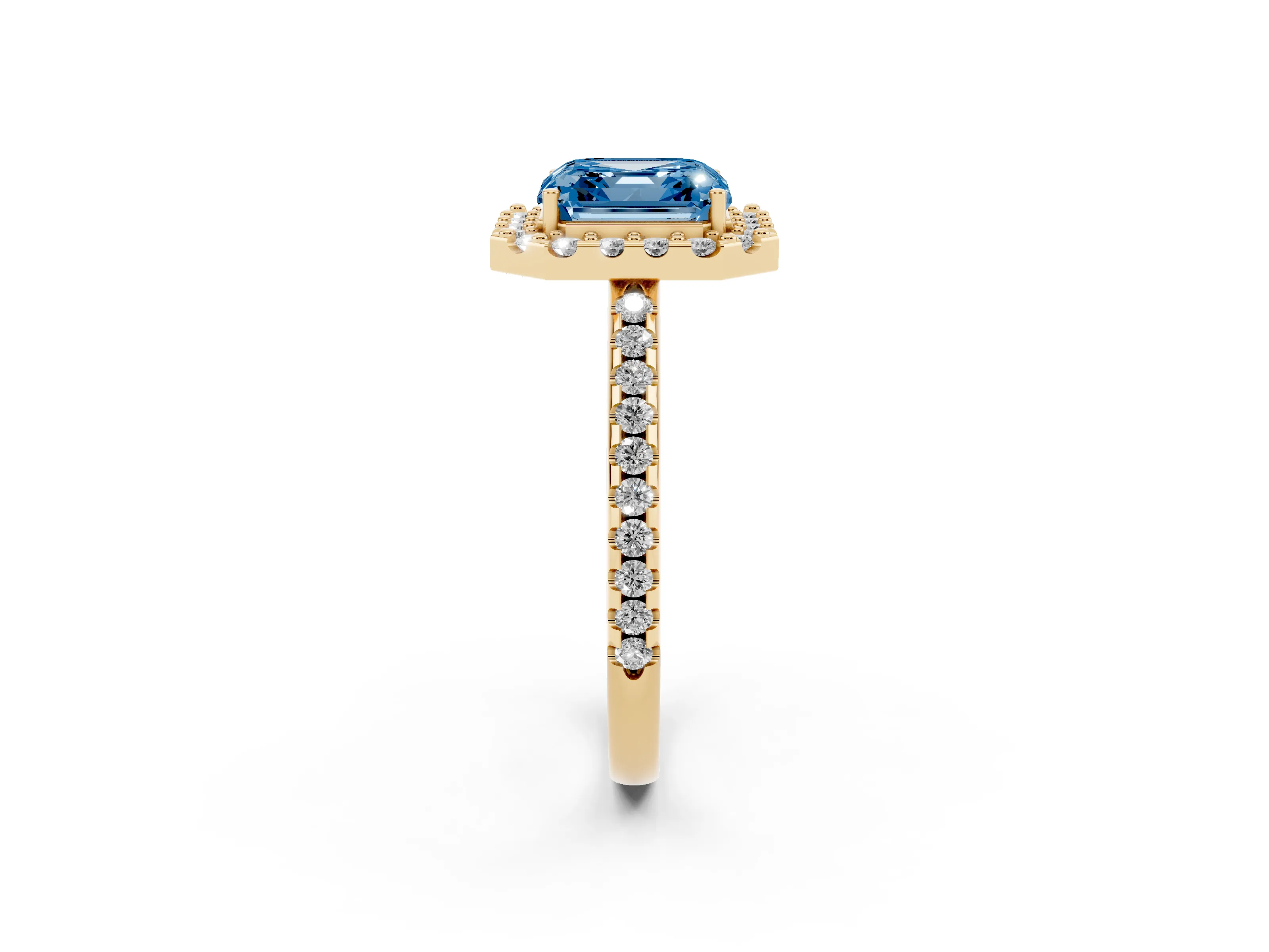 Fancy Blue Asscher Cut Diamond Pavé Halo Ring Set in Yellow gold with Prong Setting