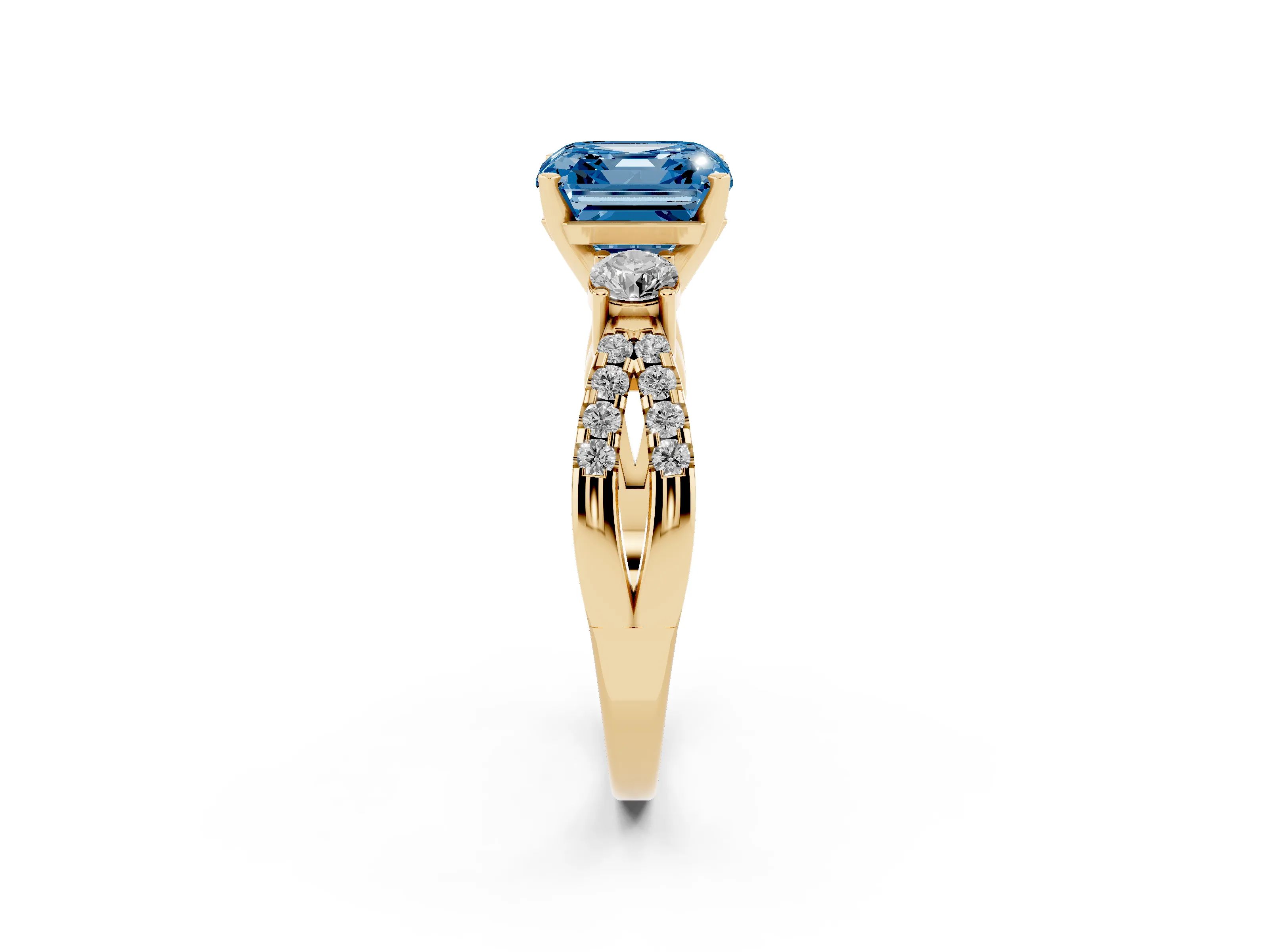 Fancy Blue Asscher Cut Diamond Three-Stone Ring Set in Yellow gold with Pavé Split Shank and Prong Setting