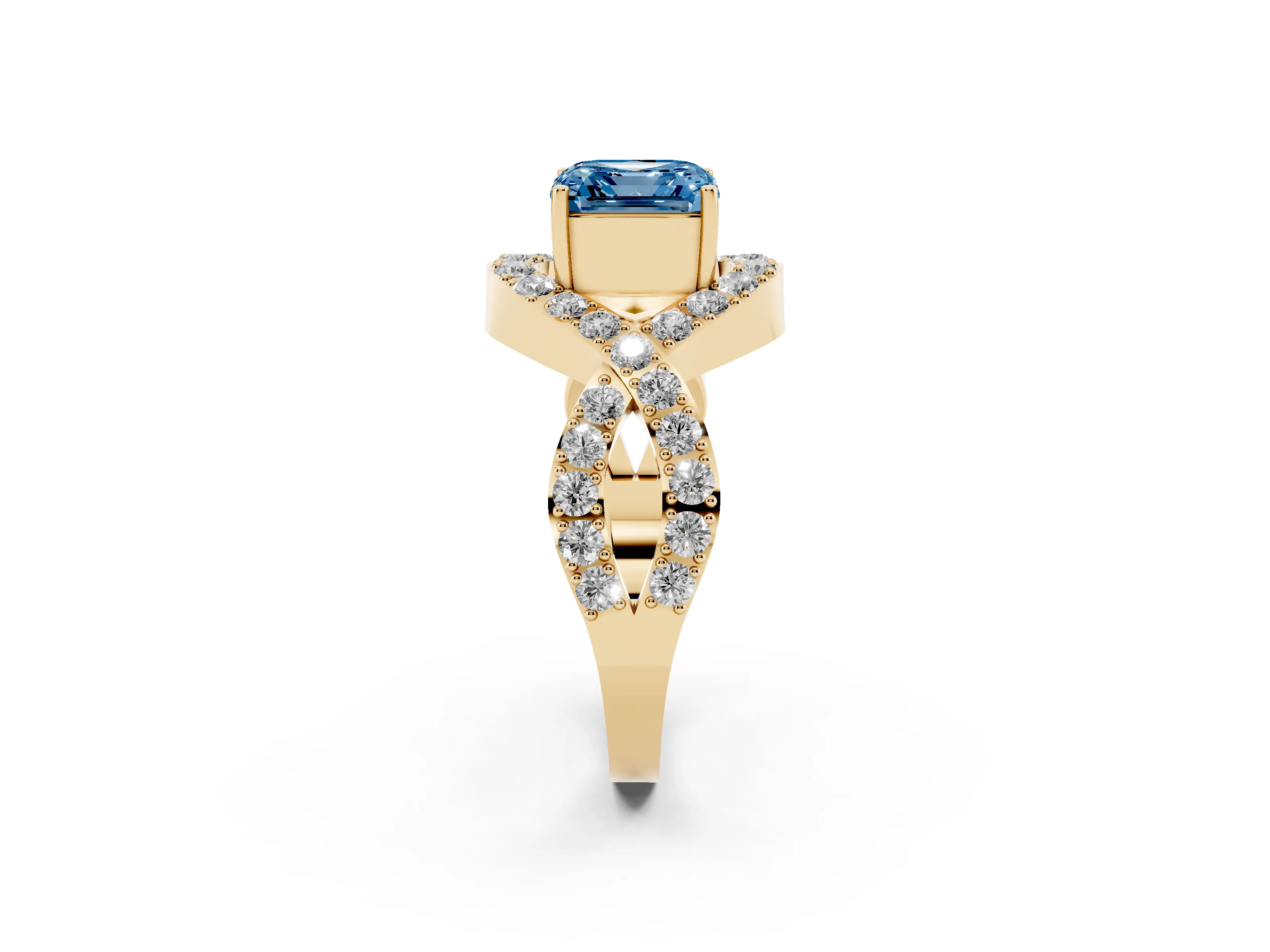 Fancy Blue Asscher Cut Diamond Solitaire Twist Band Pavé Engagement Ring Set in Yellow gold