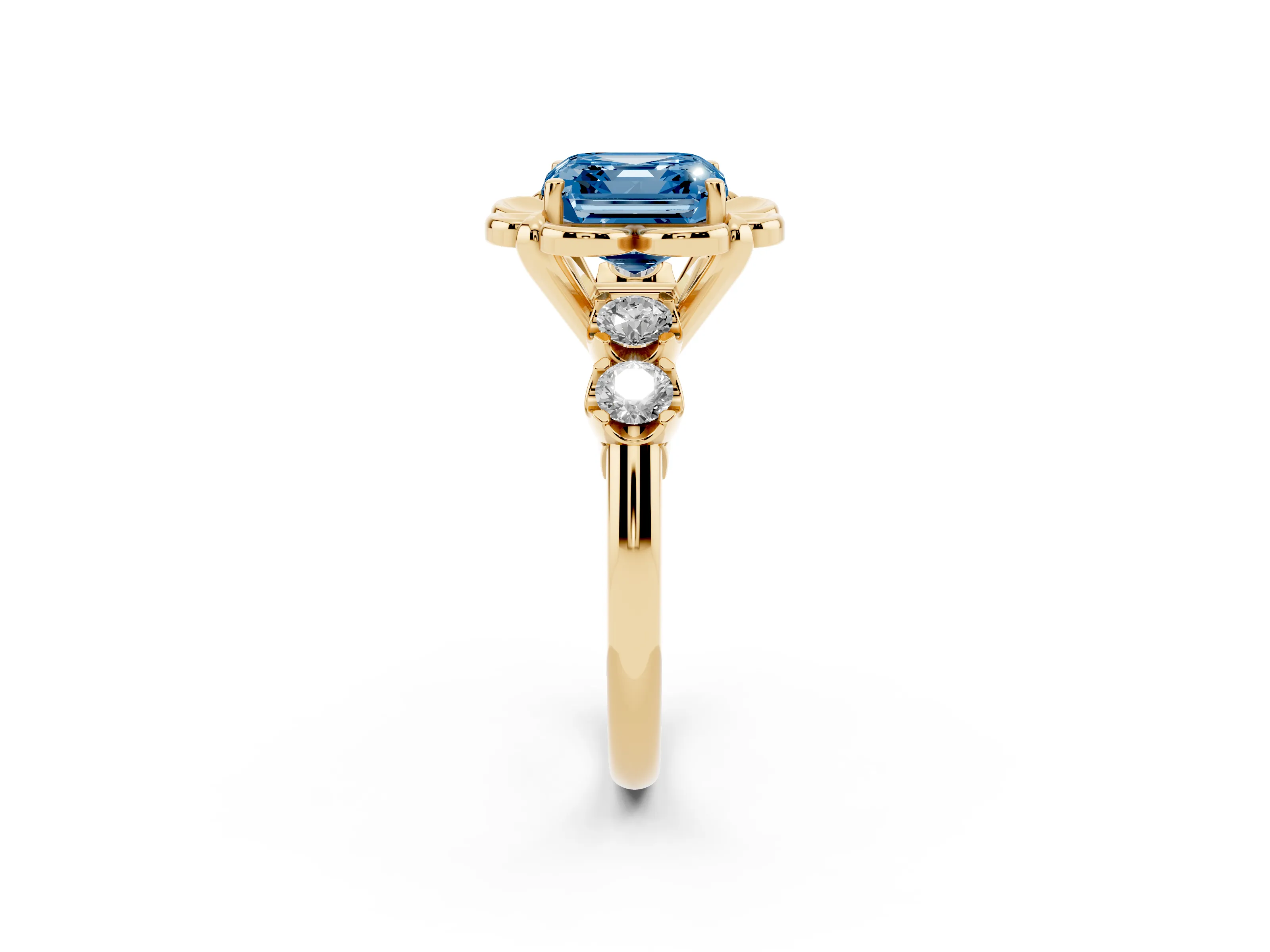 Fancy Blue Asscher Cut Diamond Floral Halo Ring Set in Yellow gold with Shared Prong Band