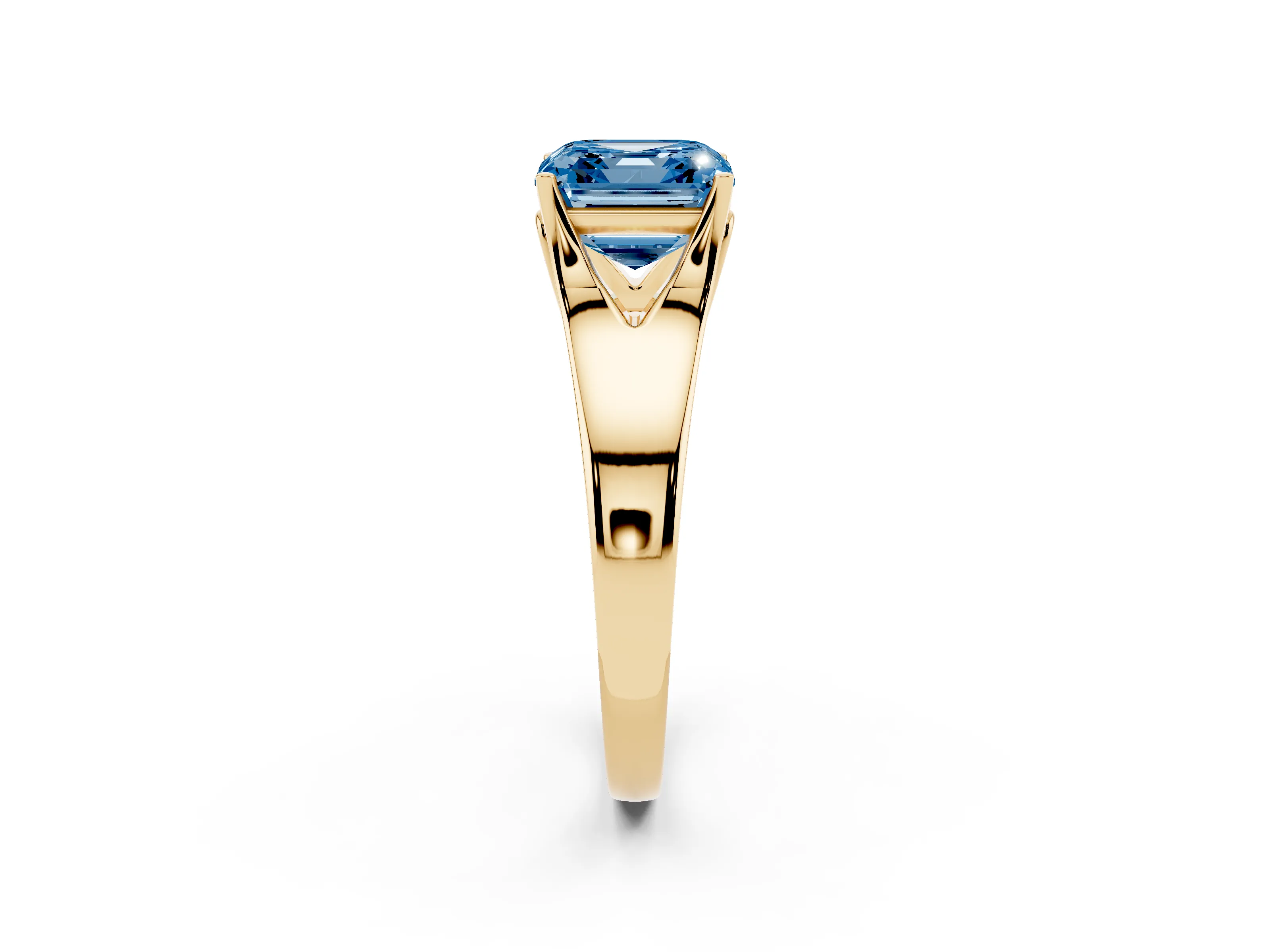 Fancy Blue Asscher Cut Diamond Solitaire Ring Set in Yellow gold with Arched Cathedral Band and Prong Setting